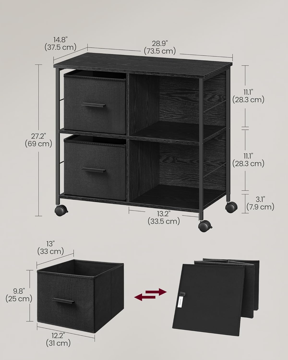 File Cabinet with 2 Drawers, Bookcase, Cube Storage Shelf, Printer Stand, for A4, Letter-Size Files, Hanging File Folders, Home Office, Ebony Black UOFC057B56