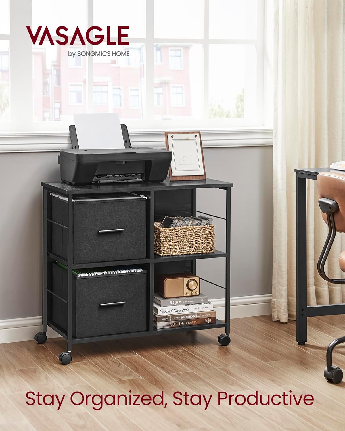 File Cabinet with 2 Drawers, Bookcase, Cube Storage Shelf, Printer Stand, for A4, Letter-Size Files, Hanging File Folders, Home Office, Ebony Black UOFC057B56