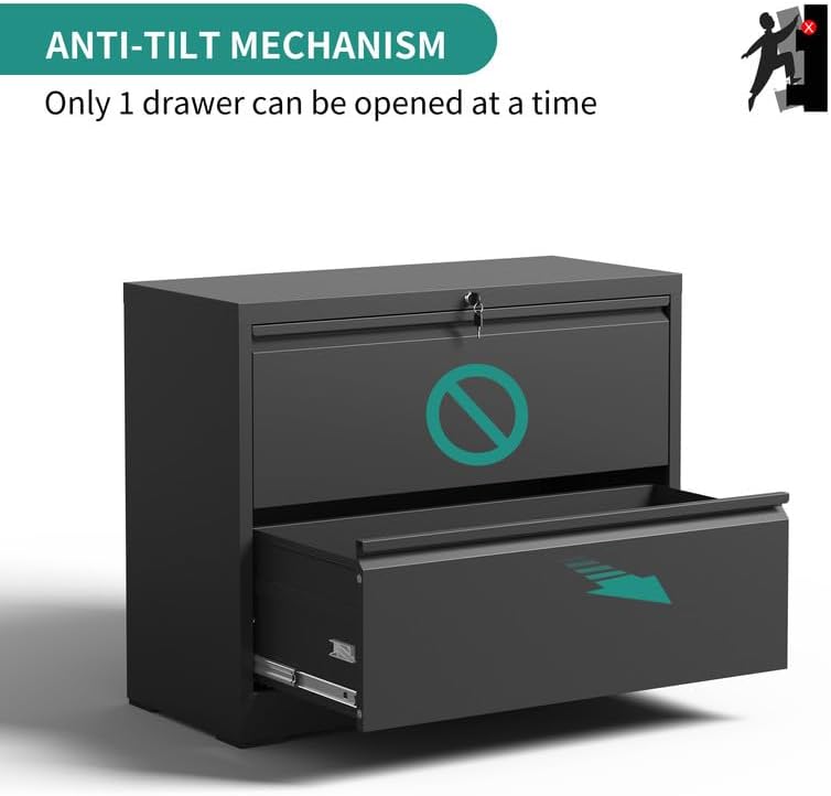 2 Drawer Lateral File Cabinet with Lock, Metal Filing Cabinets for Home Office, Steel Storage Wide File Cabinet for Letter/Legal/F4/A4 Size with Hanging Bars(Black)