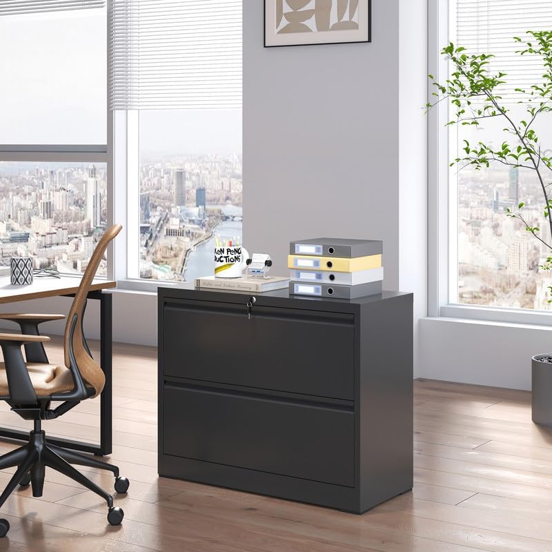 2 Drawer Lateral File Cabinet with Lock, Metal Filing Cabinets for Home Office, Steel Storage Wide File Cabinet for Letter/Legal/F4/A4 Size with Hanging Bars(Black)