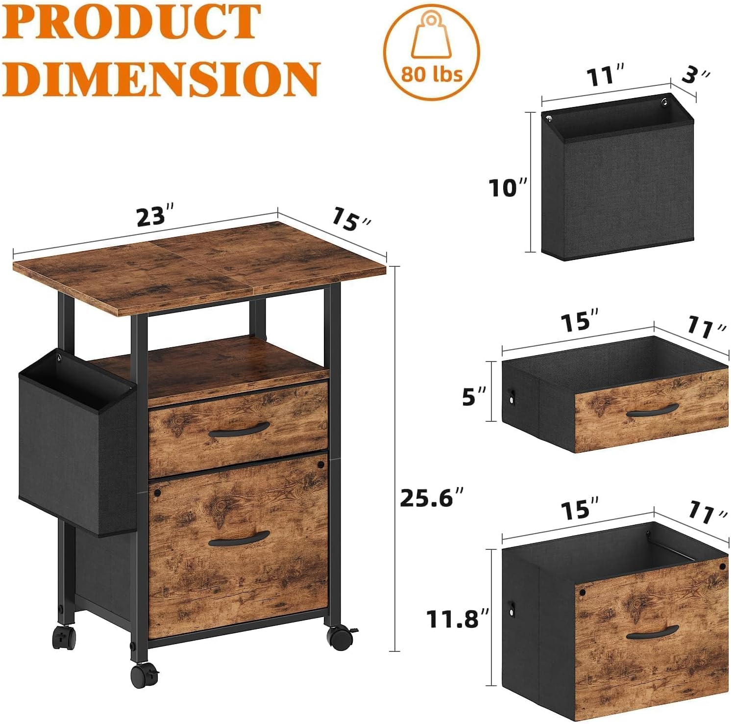 2 Drawer File Cabinet with 23.6'' Extended Tabletop, Mobile Filing Cabinet, Fits A4-Size, Rolling Vertical File Cabinet with Storage Bag, Fabric Drawer, Home Office, Rustic Brown