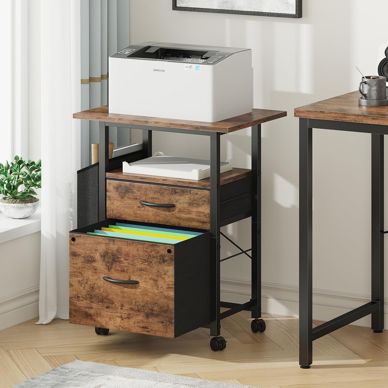 2 Drawer File Cabinet with 23.6'' Extended Tabletop, Mobile Filing Cabinet, Fits A4-Size, Rolling Vertical File Cabinet with Storage Bag, Fabric Drawer, Home Office, Rustic Brown
