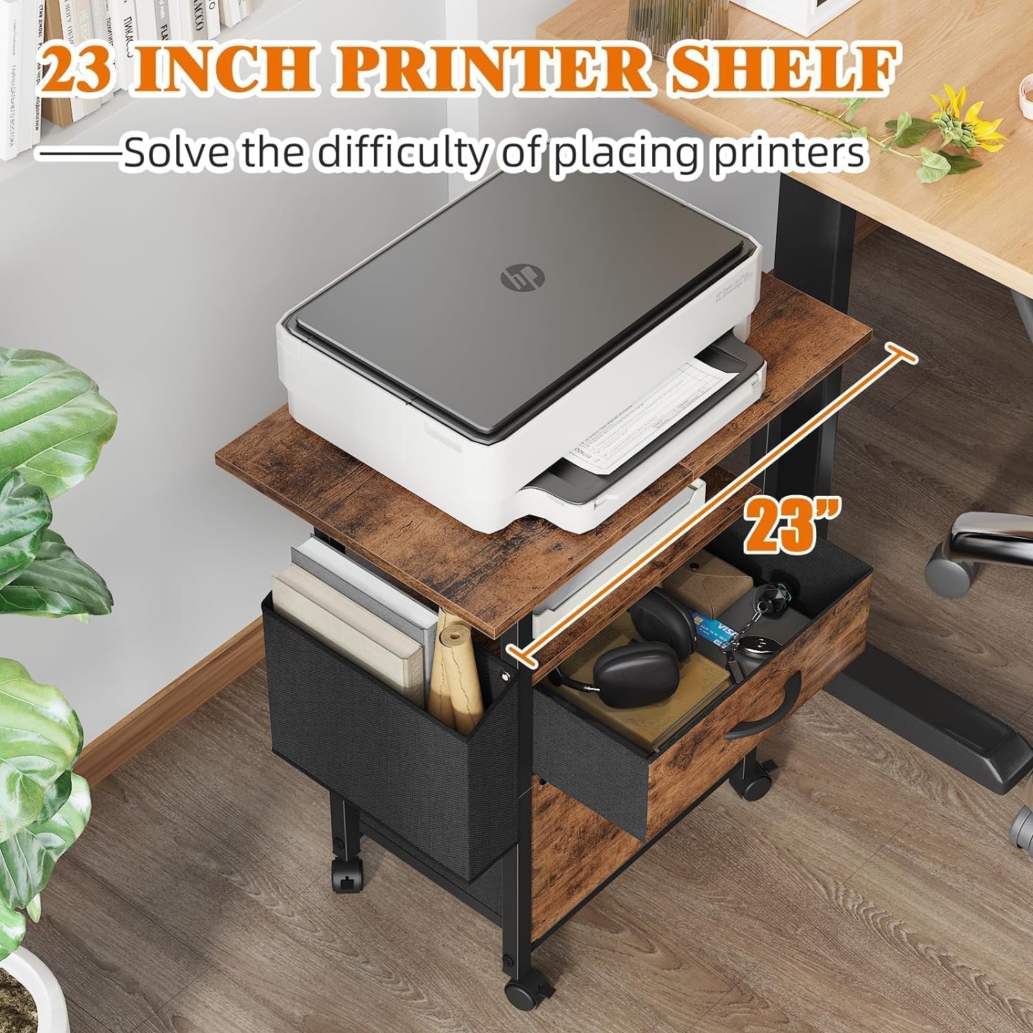 2 Drawer File Cabinet with 23.6'' Extended Tabletop, Mobile Filing Cabinet, Fits A4-Size, Rolling Vertical File Cabinet with Storage Bag, Fabric Drawer, Home Office, Rustic Brown