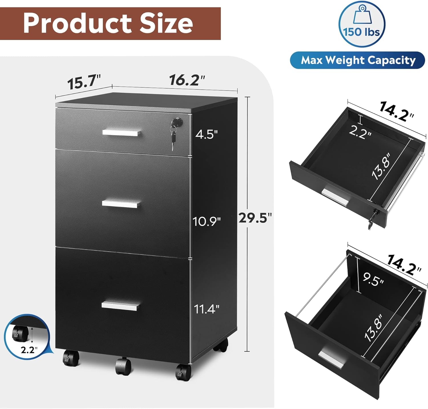 3 Drawer Rolling File Cabinet with Lock, Wood Filing Cabinet fits Letter / A4 Size for Home Office, Black