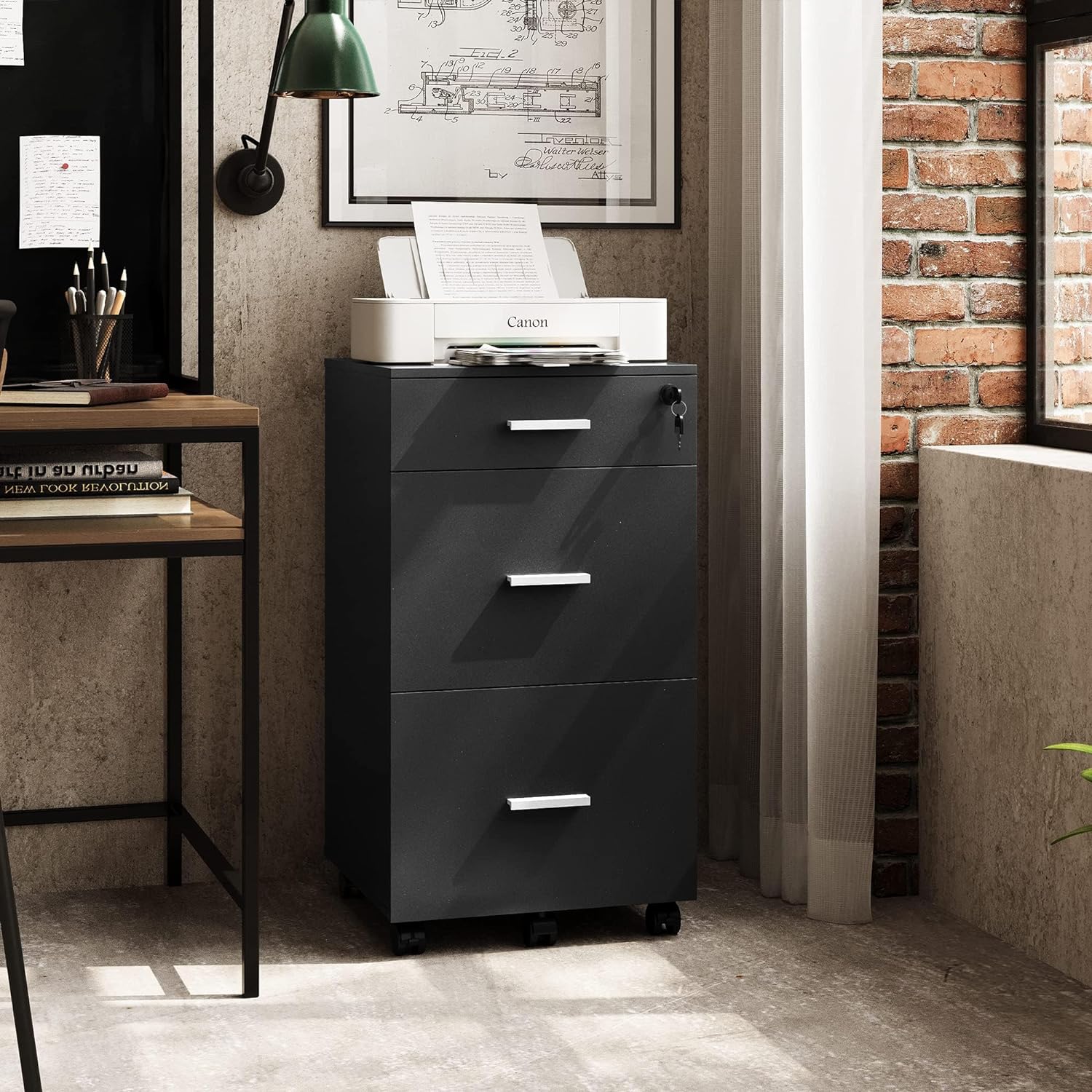 3 Drawer Rolling File Cabinet with Lock, Wood Filing Cabinet fits Letter / A4 Size for Home Office, Black