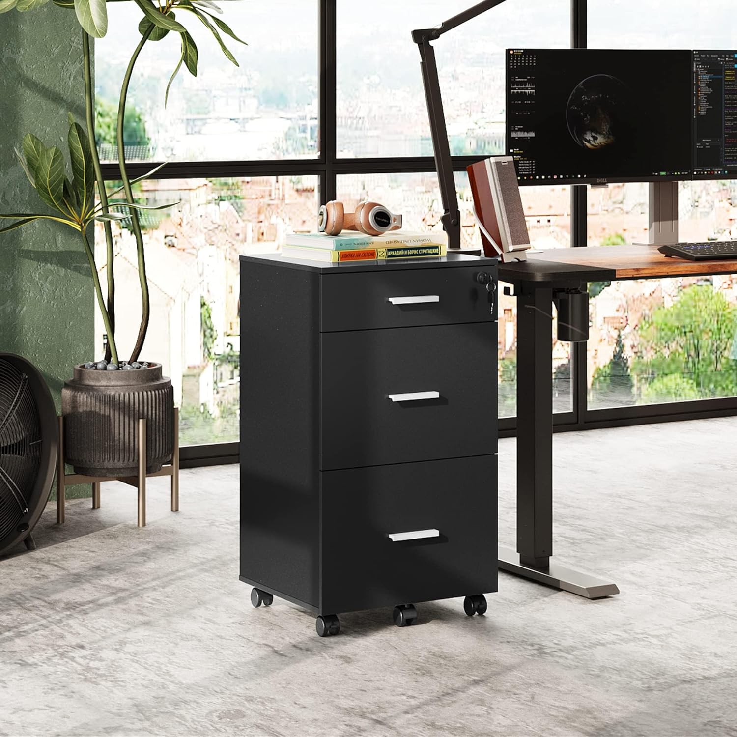 3 Drawer Rolling File Cabinet with Lock, Wood Filing Cabinet fits Letter / A4 Size for Home Office, Black