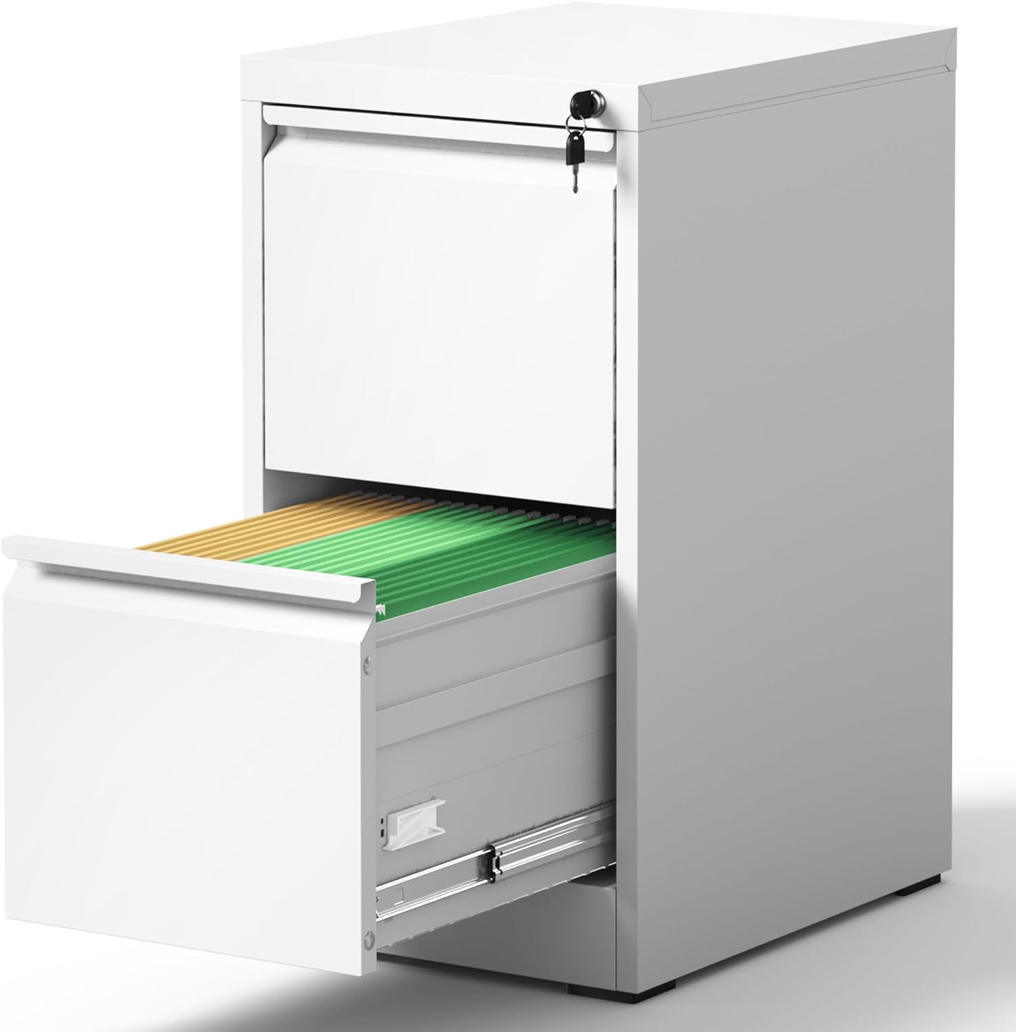 Vertical File Cabinet with Drawer, 2 Drawer File Cabinet with Lock, Filing Cabinets for Home Office, Hanging Files for A4/ Legal/Letter, White
