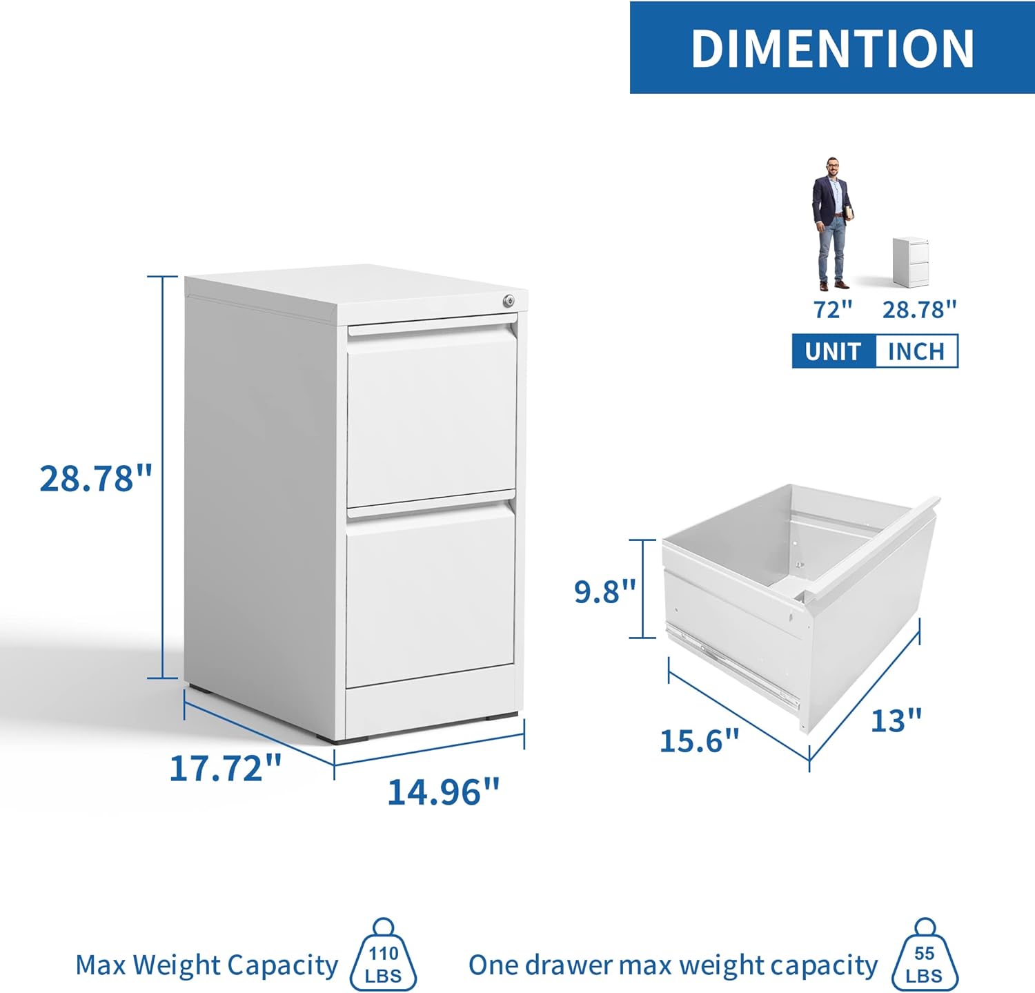 Vertical File Cabinet with Drawer, 2 Drawer File Cabinet with Lock, Filing Cabinets for Home Office, Hanging Files for A4/ Legal/Letter, White