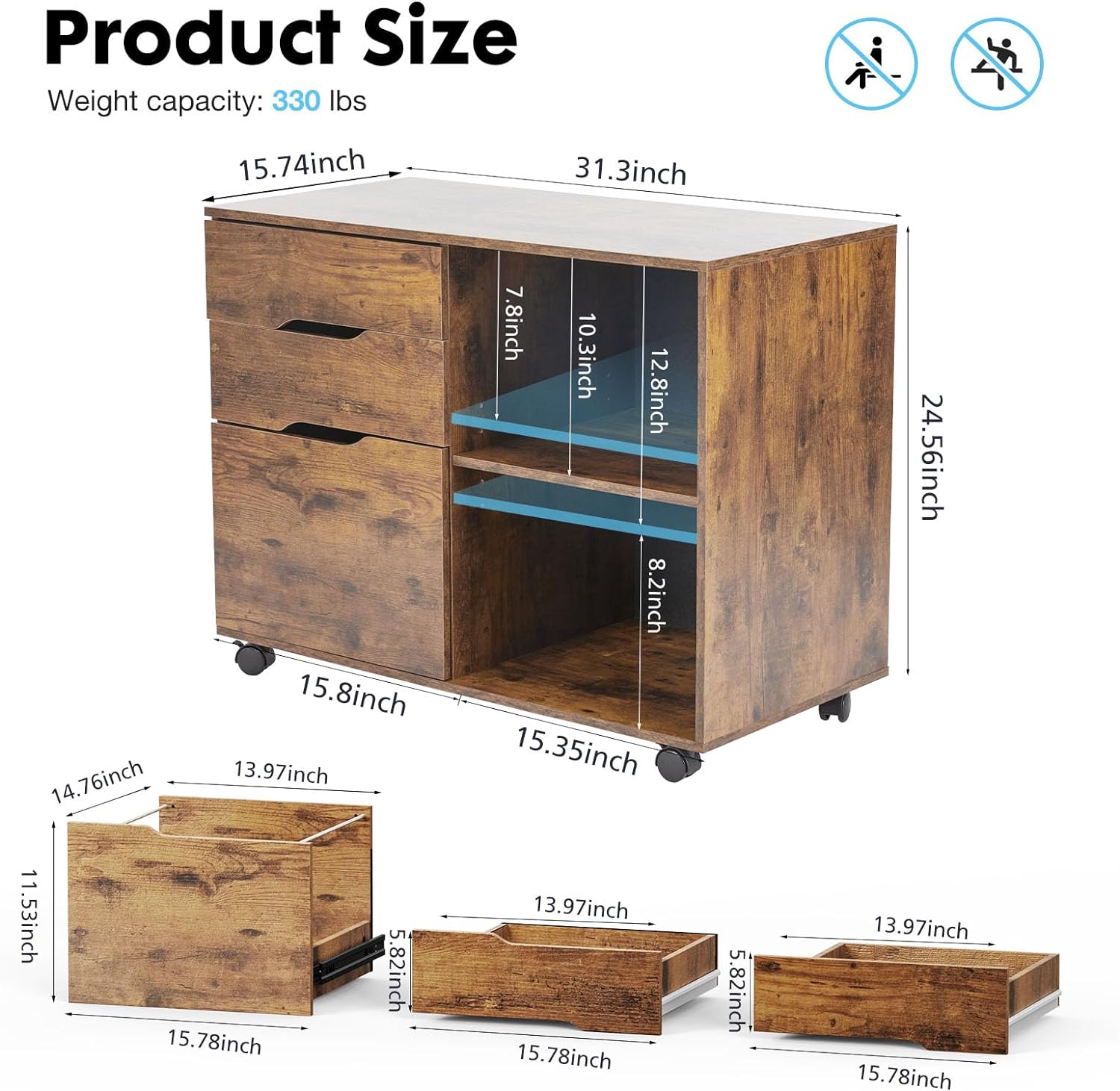 3 Drawer Wood File Cabinet Small Mobile Lateral Printer Stand Storage with Open Shelf Shelves for Home Office, Brown