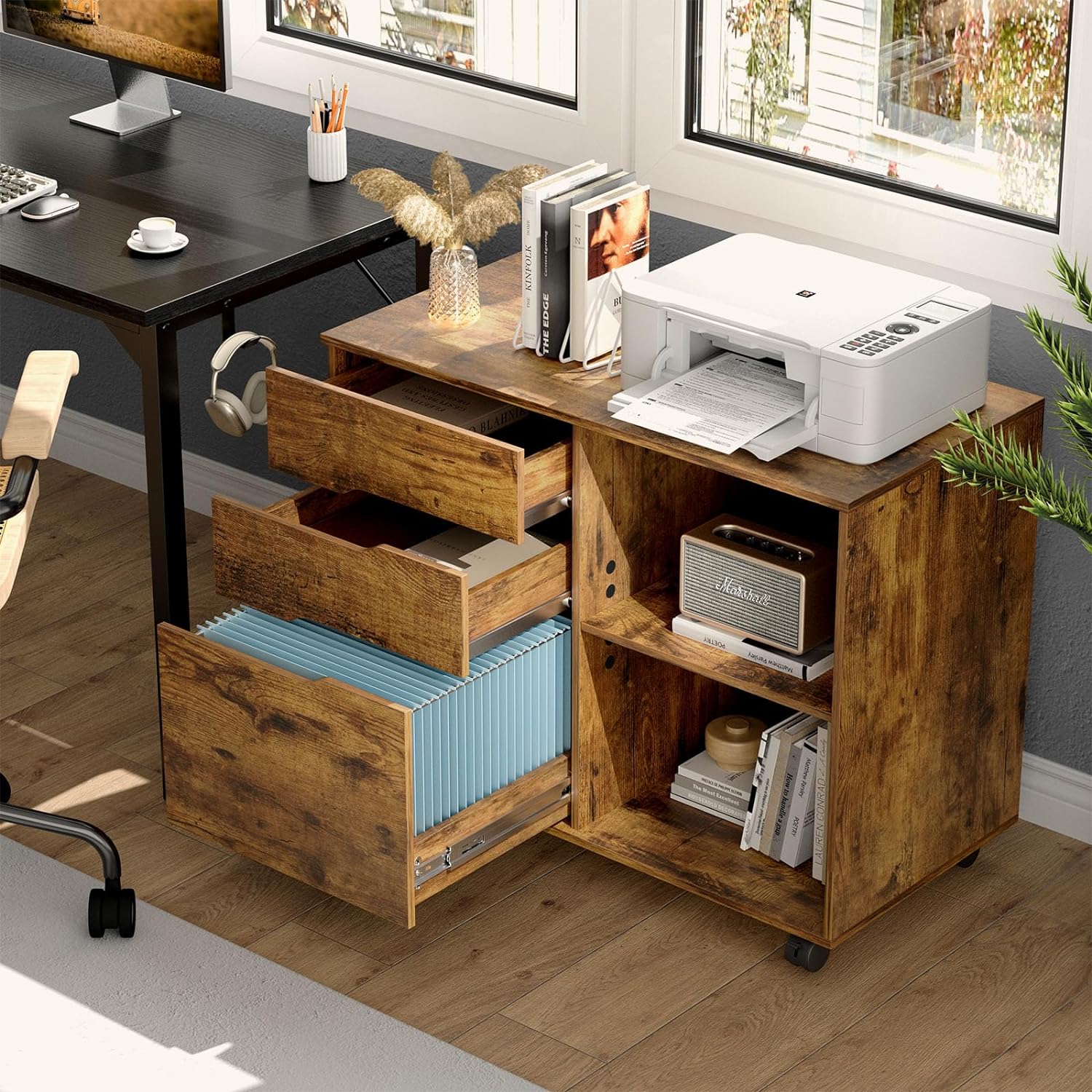 3 Drawer Wood File Cabinet Small Mobile Lateral Printer Stand Storage with Open Shelf Shelves for Home Office, Brown