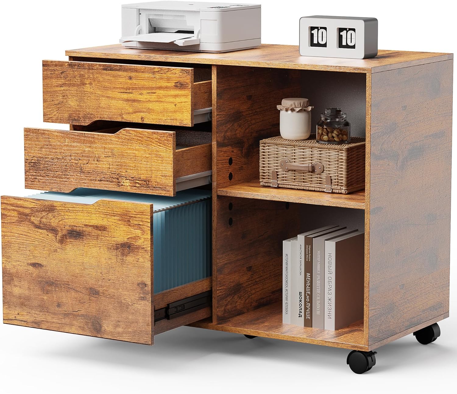 3 Drawer Wood File Cabinet Small Mobile Lateral Printer Stand Storage with Open Shelf Shelves for Home Office, Brown