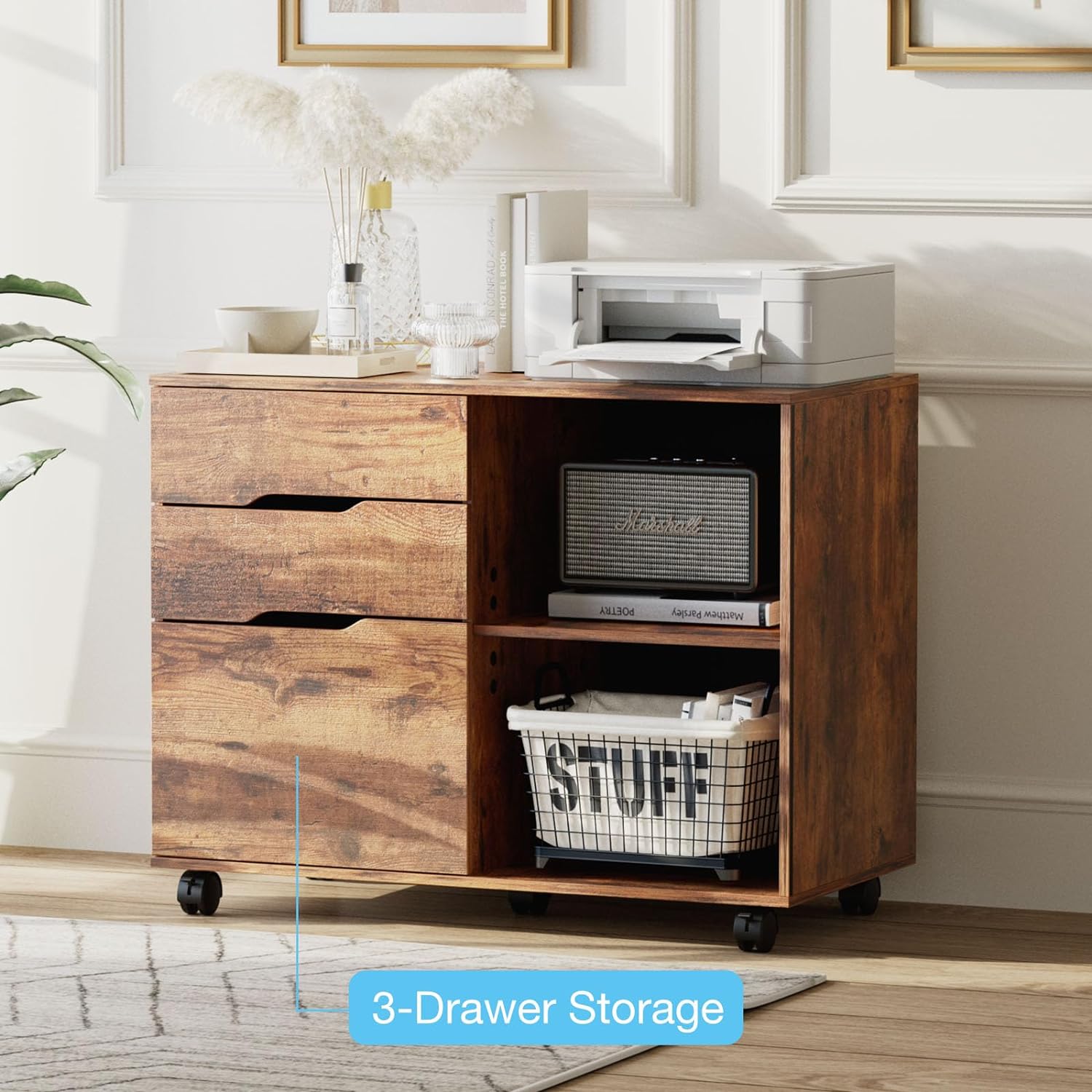 3 Drawer Wood File Cabinet Small Mobile Lateral Printer Stand Storage with Open Shelf Shelves for Home Office, Brown
