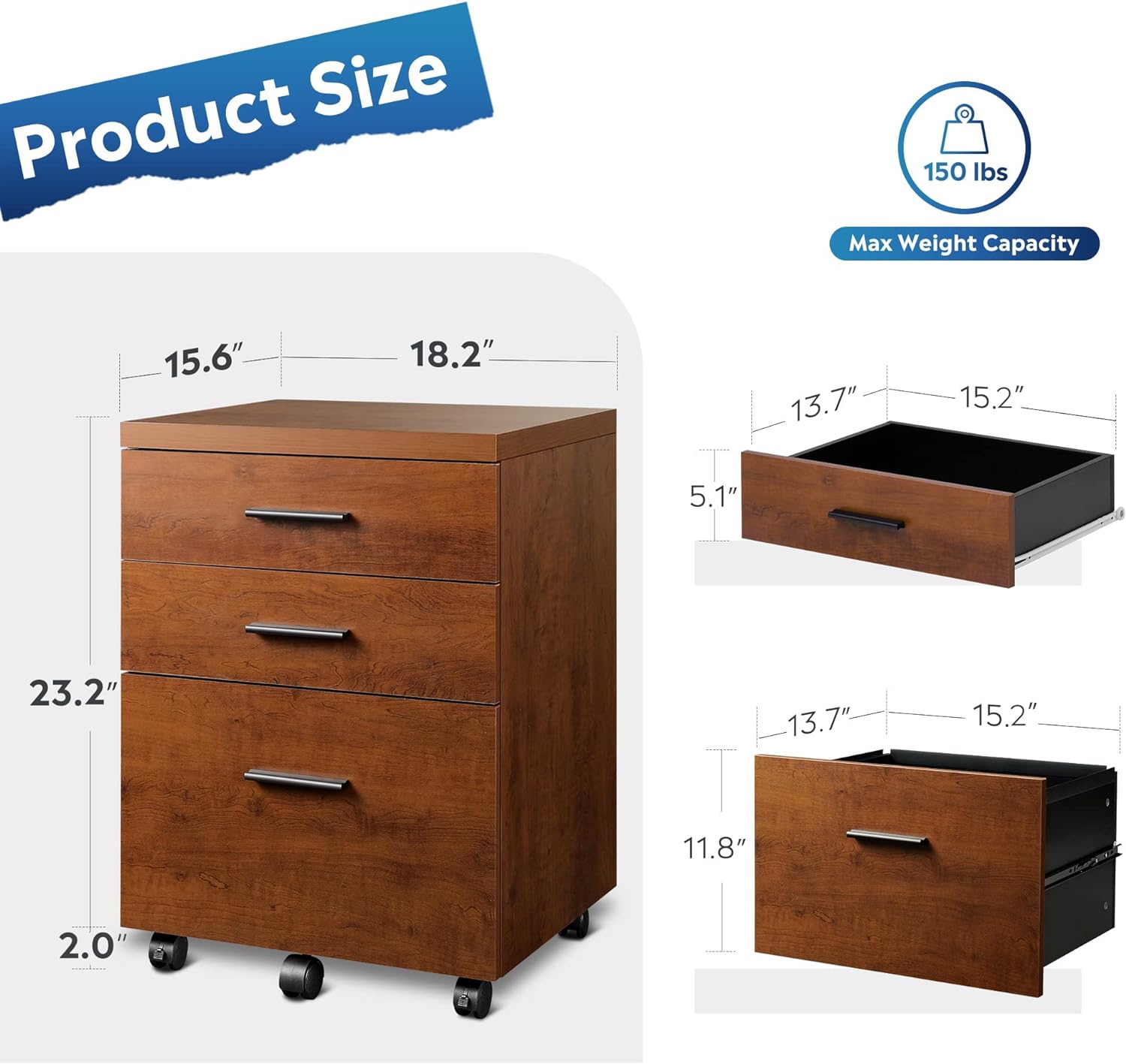 3 Drawer File Cabinet for Home Office, Wood Under Desk Filing Cabinet, Rolling Printer Stand with Wheels, Walnut