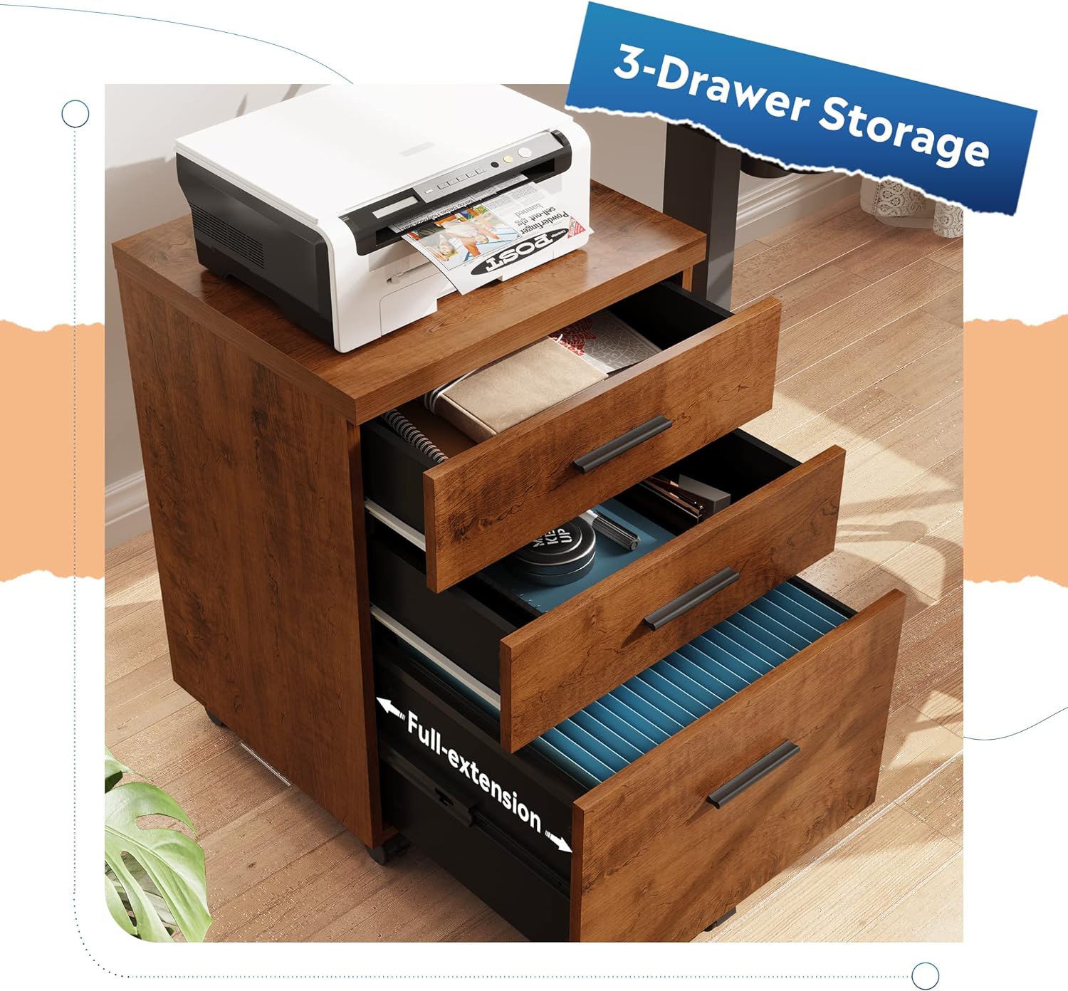 3 Drawer File Cabinet for Home Office, Wood Under Desk Filing Cabinet, Rolling Printer Stand with Wheels, Walnut