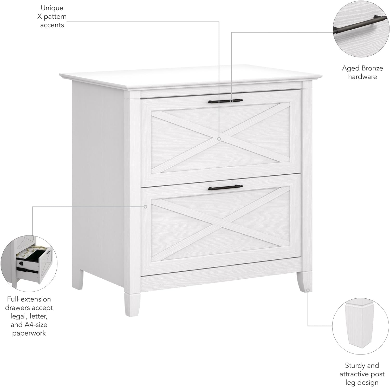 Key West 2 Lateral File Cabinet | Document Storage for Home Office | Accent Chest with Drawers, 30"W x 20"D x 30"H, Pure White Oak