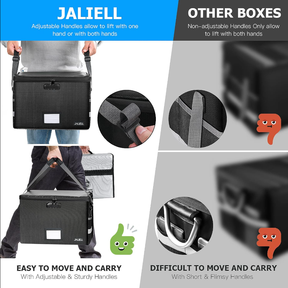 Upgraded File Box with Lock, Fireproof Document File Organizer Box with Water-Resistant Zipper & Adjustable Handle, Collapsible Filing File Cabinet for Hanging Letter/Legal Folder (Black)