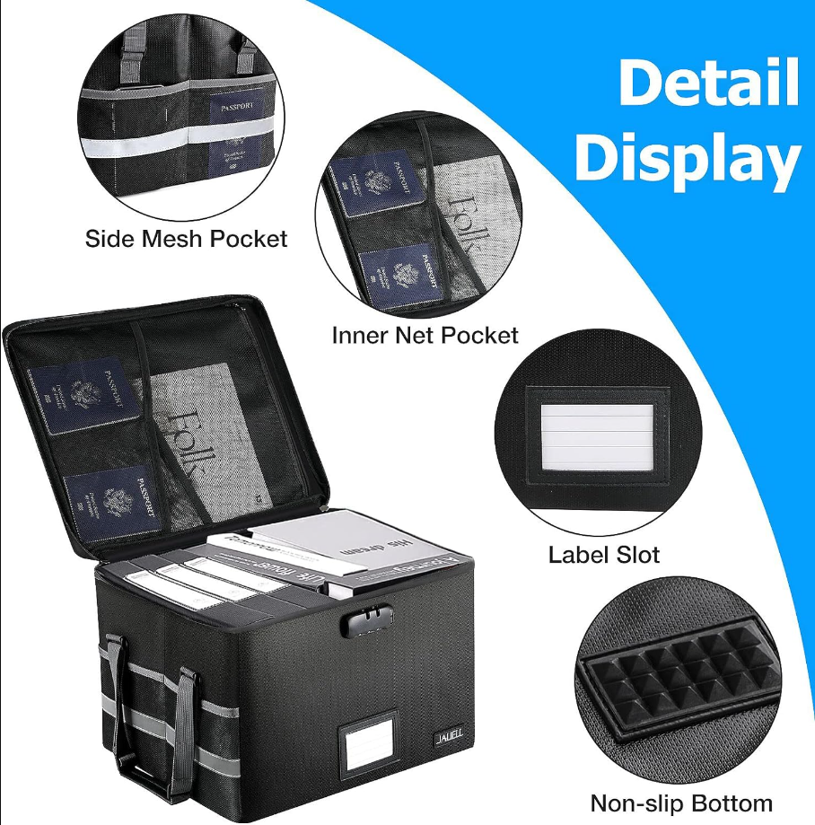 Upgraded File Box with Lock, Fireproof Document File Organizer Box with Water-Resistant Zipper & Adjustable Handle, Collapsible Filing File Cabinet for Hanging Letter/Legal Folder (Black)