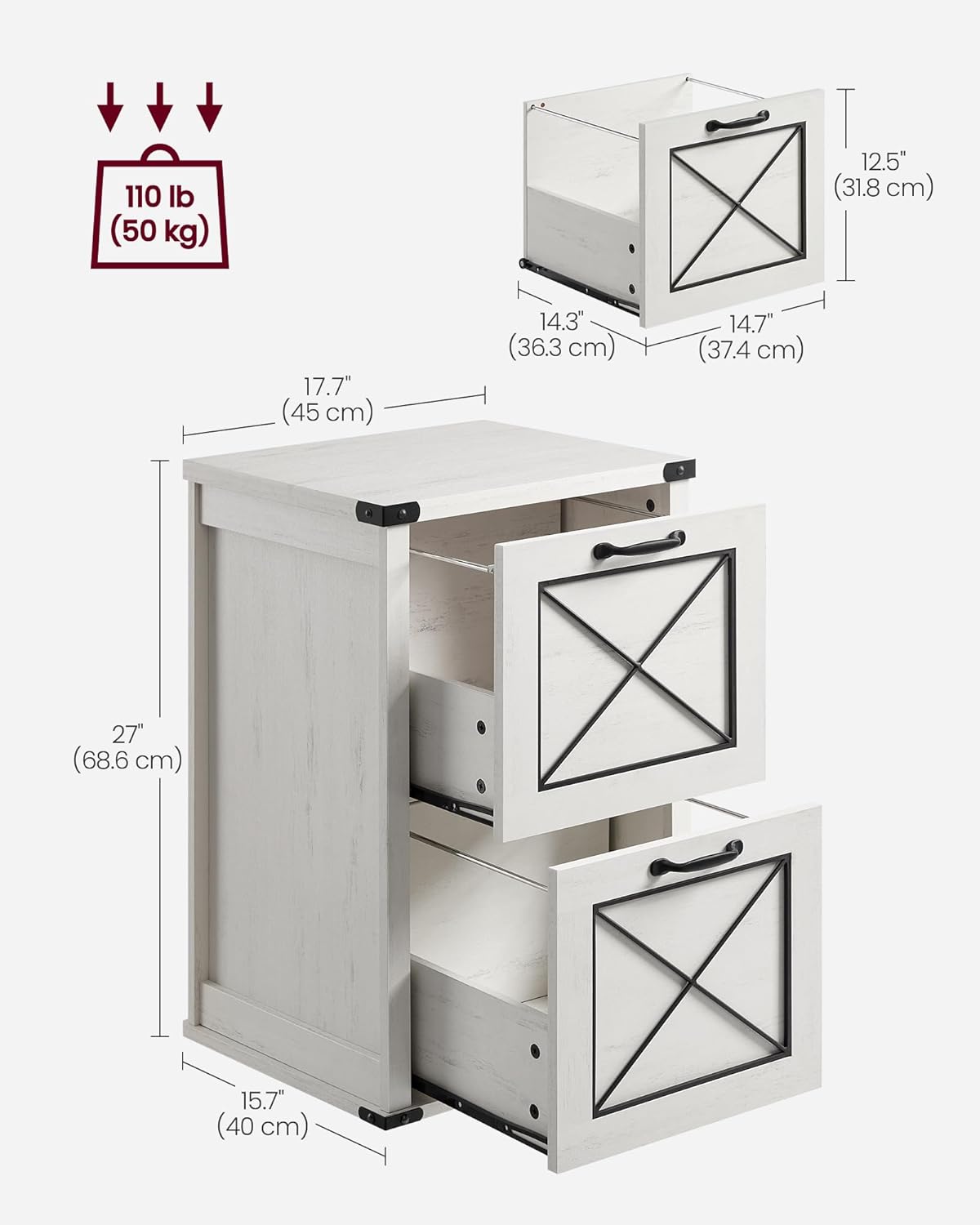 File Cabinet, Filing Cabinet with 2 File Drawers, Printer Stand, Fit A4, Letter Size, Hanging File Folders, Modern Farmhouse Style, for Home Office, Study, Rustic White UOFC048T73