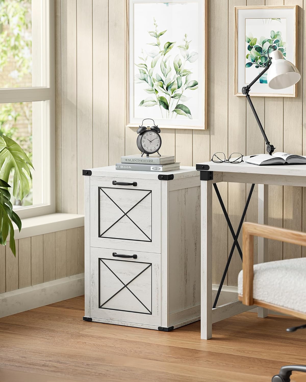 File Cabinet, Filing Cabinet with 2 File Drawers, Printer Stand, Fit A4, Letter Size, Hanging File Folders, Modern Farmhouse Style, for Home Office, Study, Rustic White UOFC048T73