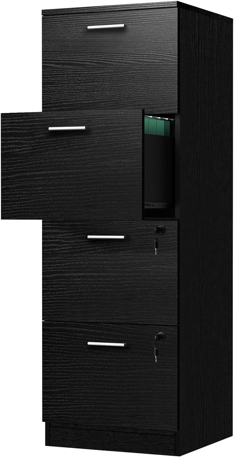 4-Drawer File Cabinet with Lock, 15.86 Deep Vertical Filing Cabinet for Letter A4-Sized Files, Need to Assemble, Storage Cabinet for Home Office, Black