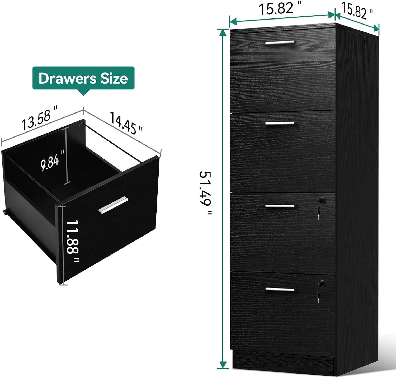 4-Drawer File Cabinet with Lock, 15.86 Deep Vertical Filing Cabinet for Letter A4-Sized Files, Need to Assemble, Storage Cabinet for Home Office, Black