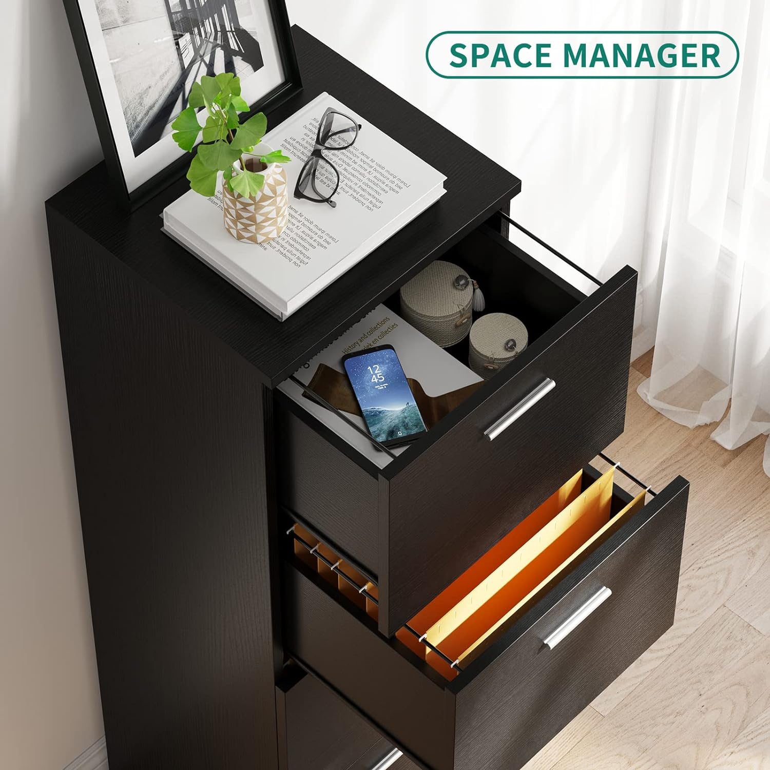 4-Drawer File Cabinet with Lock, 15.86 Deep Vertical Filing Cabinet for Letter A4-Sized Files, Need to Assemble, Storage Cabinet for Home Office, Black