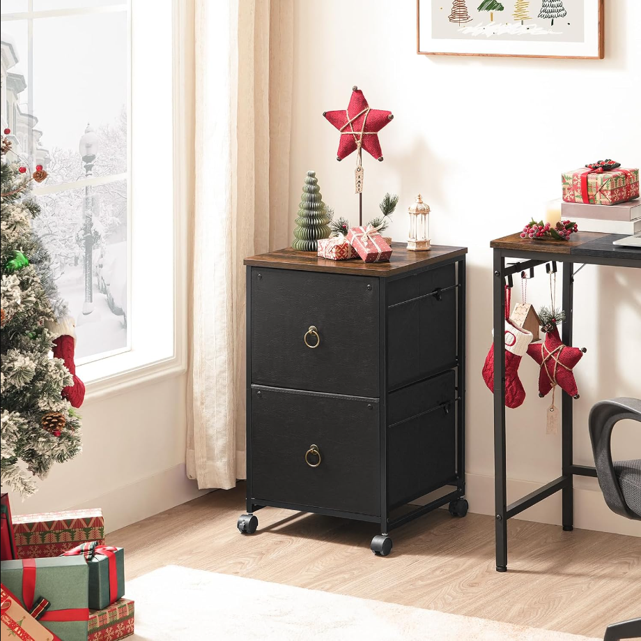 2 Drawer Mobile File Cabinet, Rolling Printer Stand, Vertical Filing Cabinet, Office Cabinet, Filing Cabinet for Home Office, A4/Letter Size, Nonwovens Drawer, Black and Rustic Brown BFK20WJ01
