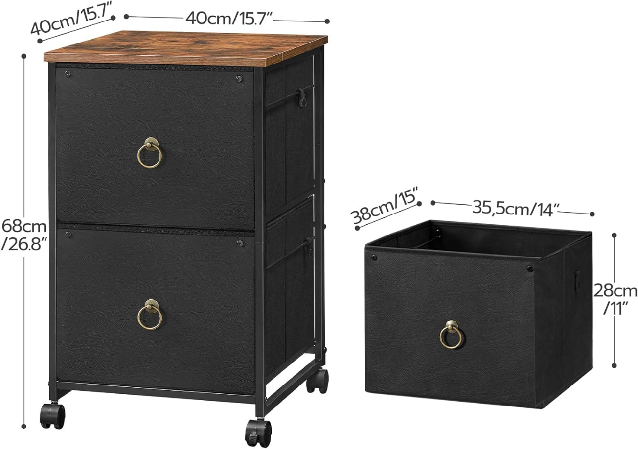 2 Drawer Mobile File Cabinet, Rolling Printer Stand, Vertical Filing Cabinet, Office Cabinet, Filing Cabinet for Home Office, A4/Letter Size, Nonwovens Drawer, Black and Rustic Brown BFK20WJ01