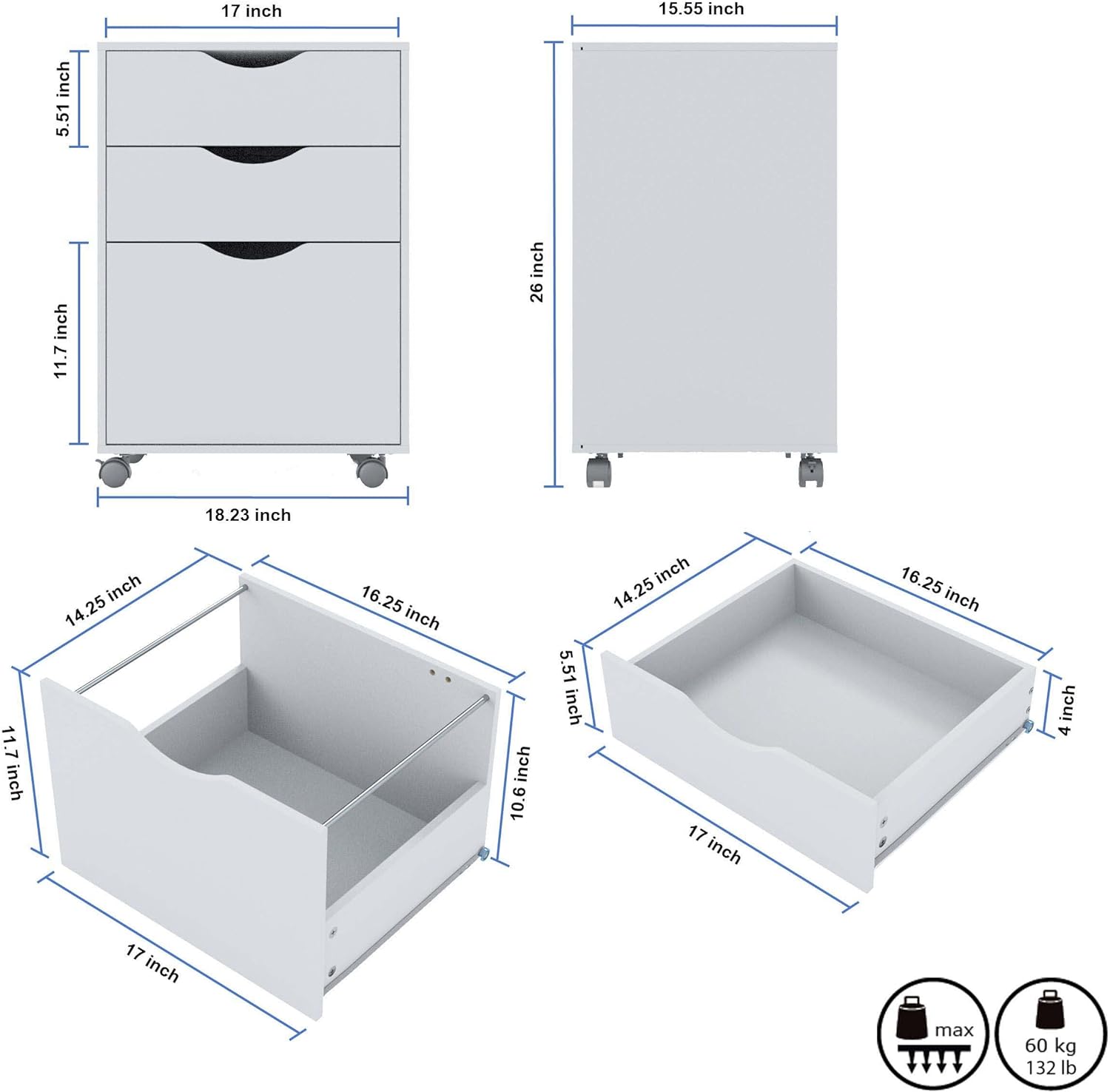 3 Drawer File Cabinet, Mobile Vertical Filing Cabinet fits A4, Legal Paper and Letter Paper for Home Office, White