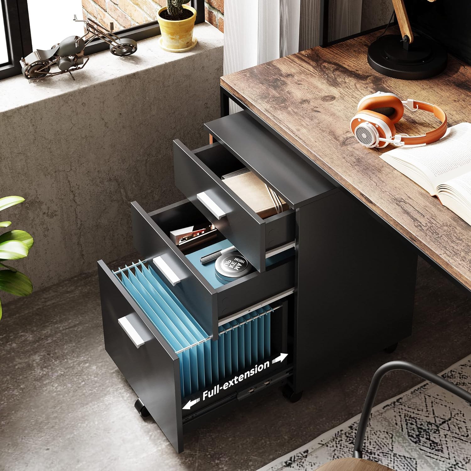 3 Drawer Wood Mobile File Cabinet, Rolling Filing Cabinet for Letter/A4 Size, Black