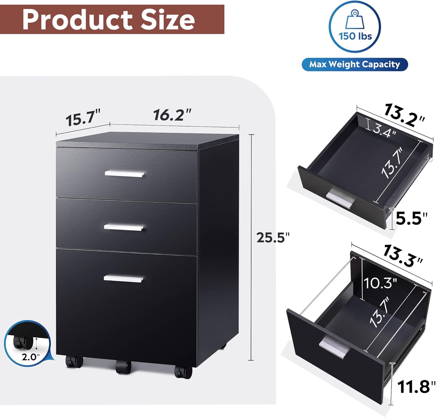3 Drawer Wood Mobile File Cabinet, Rolling Filing Cabinet for Letter/A4 Size, Black