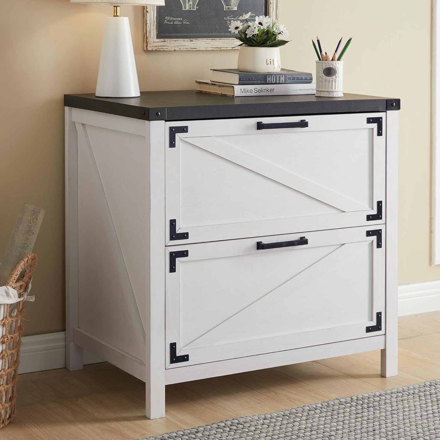 2 Drawer Farmhouse File Cabinet, Lateral Filing Cabinet for Home Office, Compatible Legal Letter A4 F4 Size, White