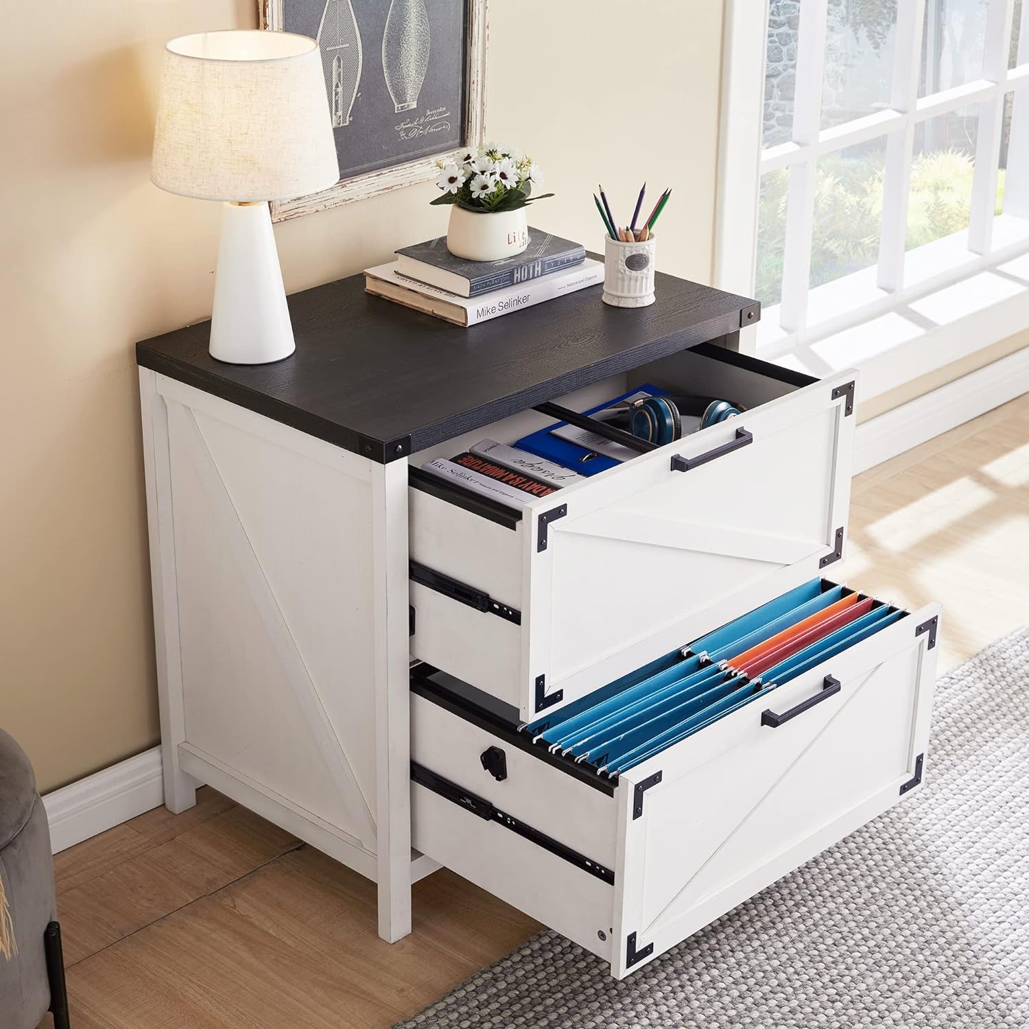 2 Drawer Farmhouse File Cabinet, Lateral Filing Cabinet for Home Office, Compatible Legal Letter A4 F4 Size, White