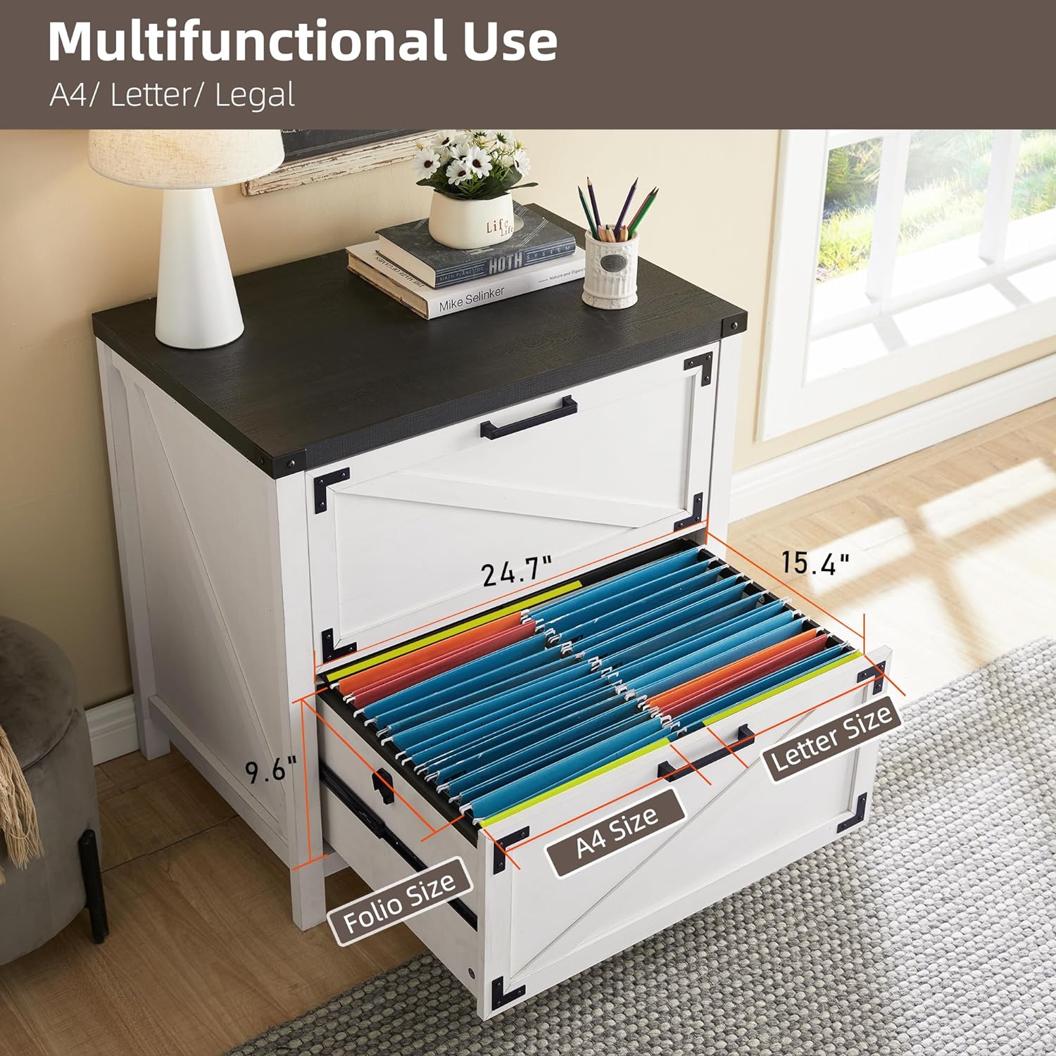 2 Drawer Farmhouse File Cabinet, Lateral Filing Cabinet for Home Office, Compatible Legal Letter A4 F4 Size, White