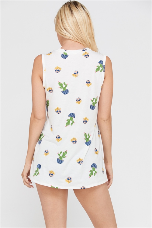 White Cactus Print Top