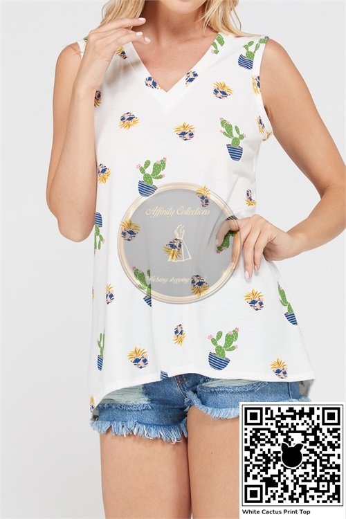 White Cactus Print Top