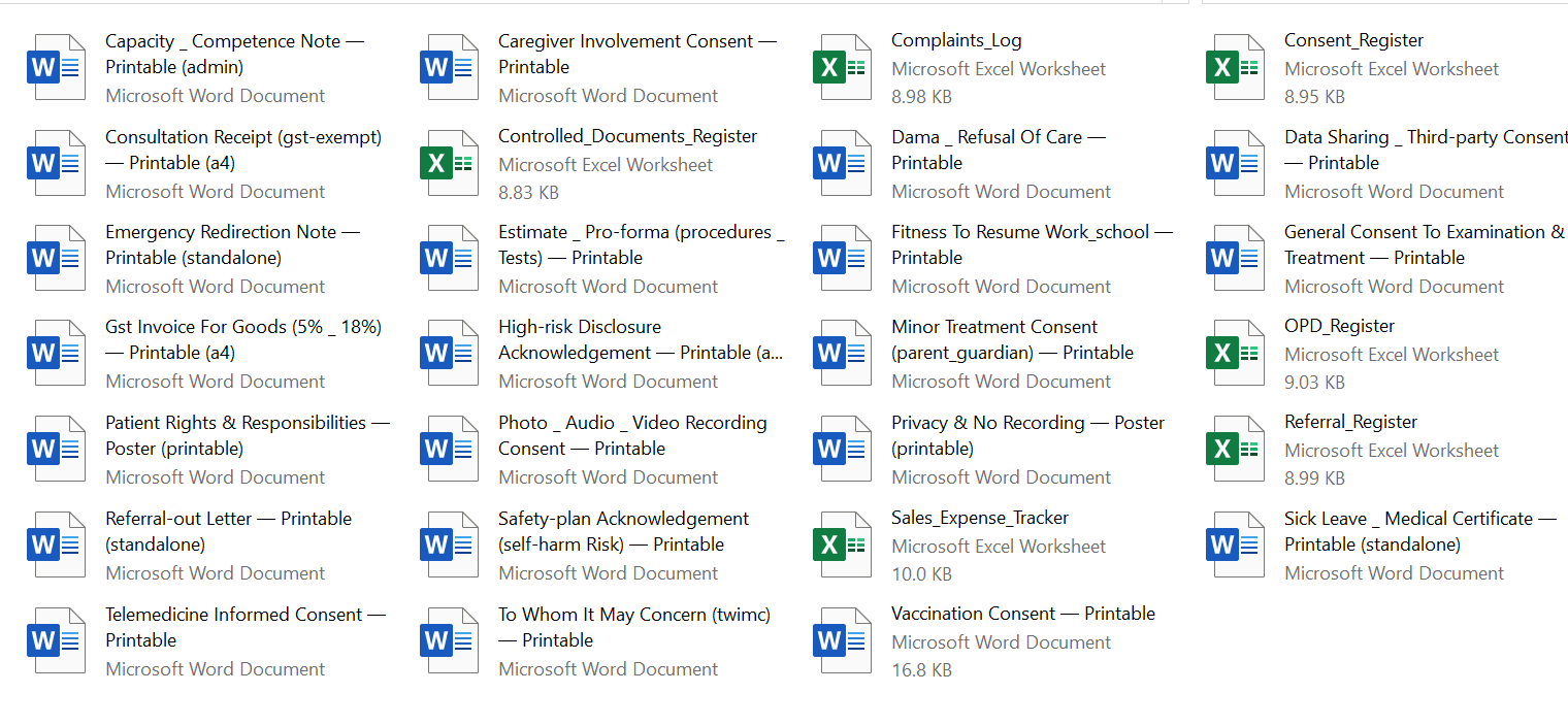 All your clinic paperwork in one place — Download once. Print forever.
