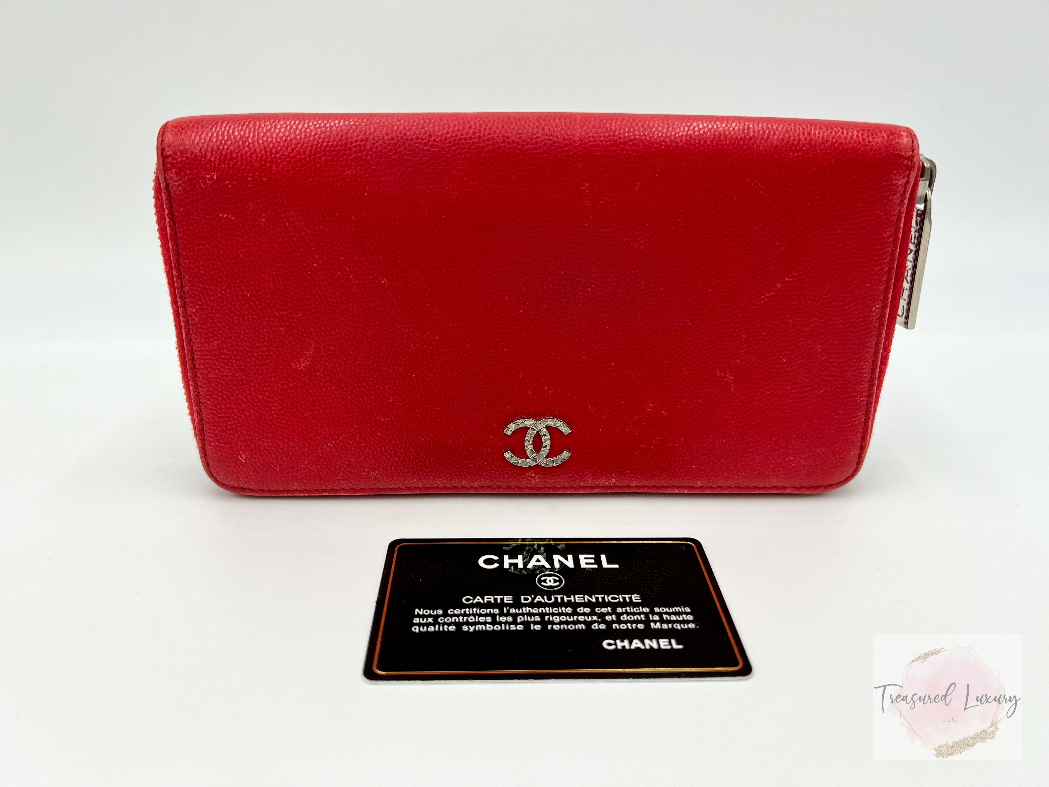 CHANEL ROUND ZIPPER LONG WALLET CAVIAR SKIN RED