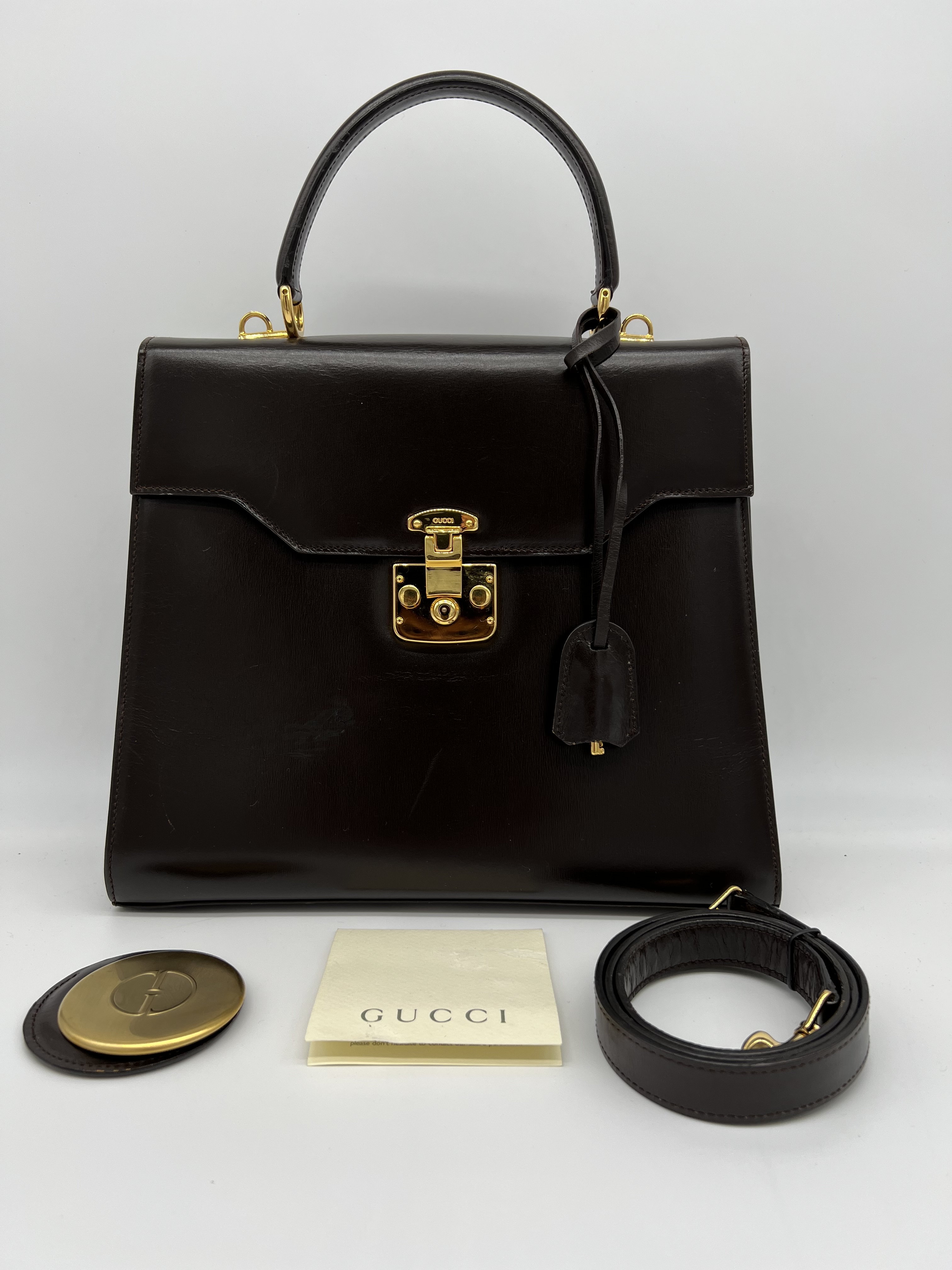GUCCI VINTAGE LADY LOCK TOP HANDLE BAG LEATHER MEDIUM SATCHEL
