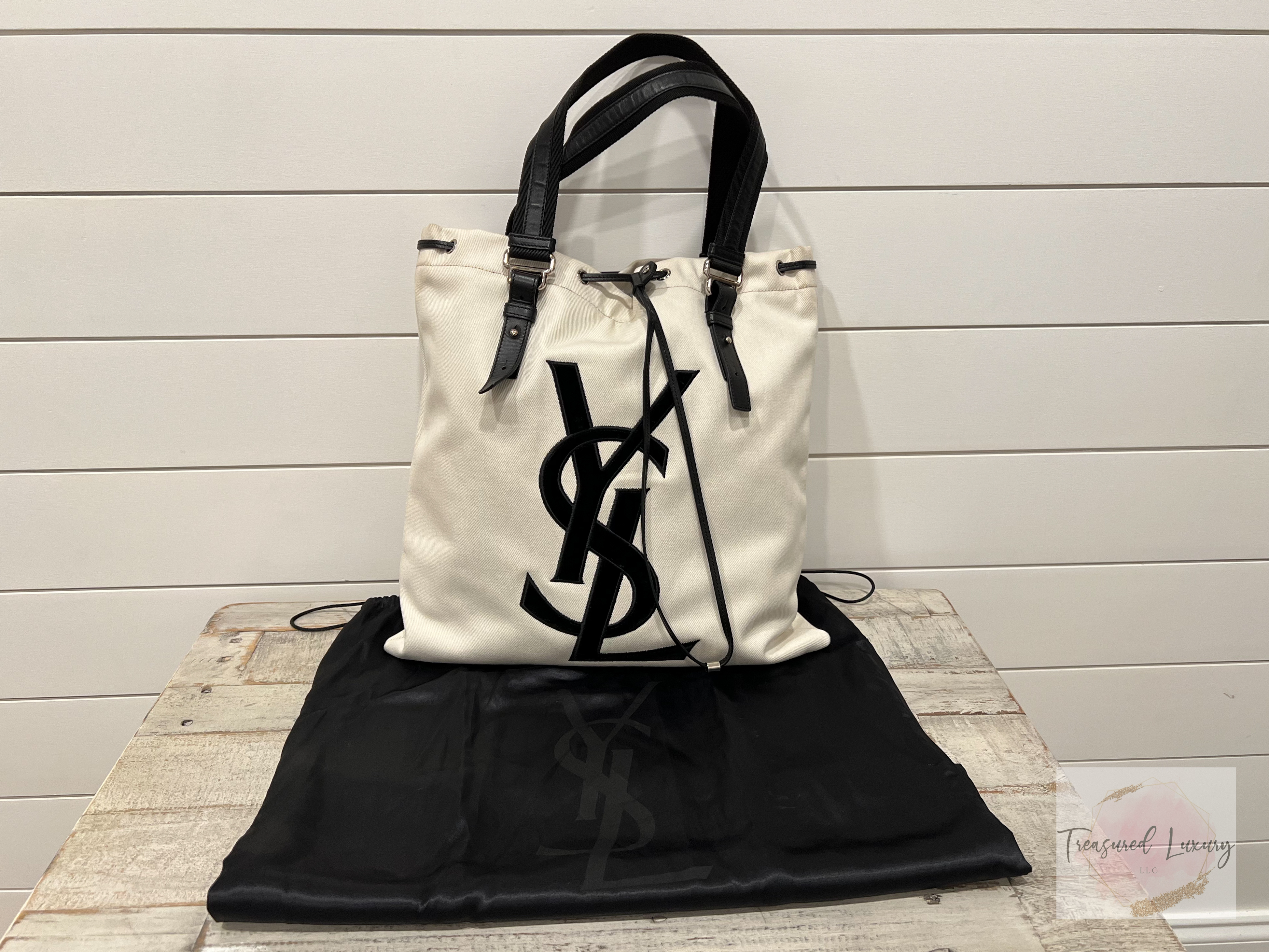 YVES SAINT LAURENT KAHALA TOTE CANVAS FABRIC WHITE TOTE BAG