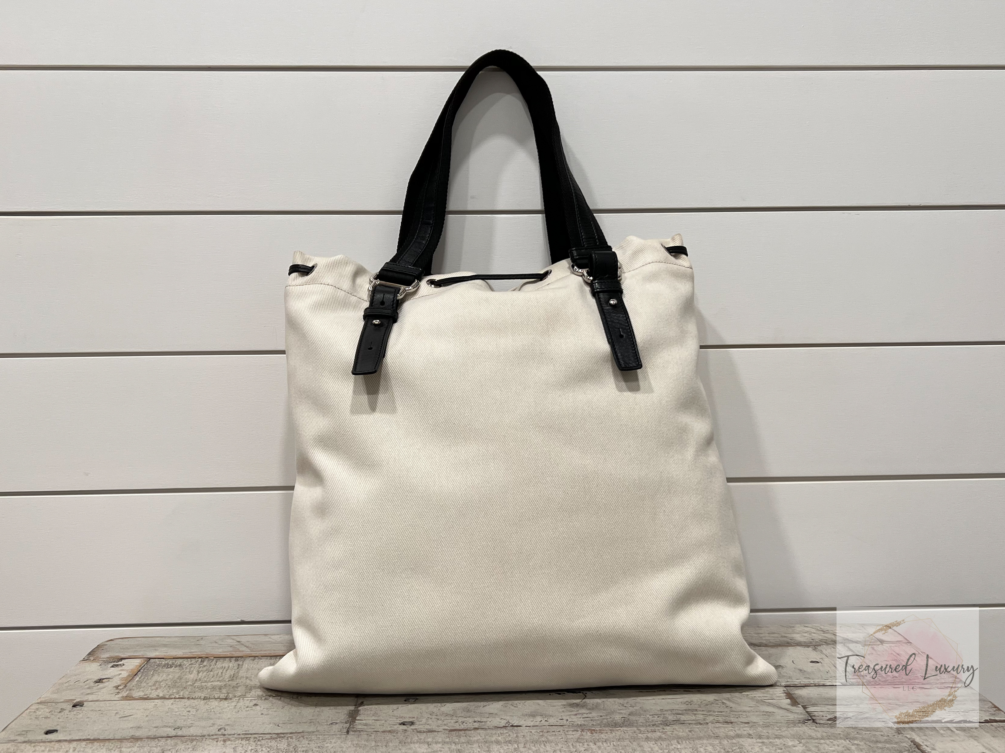 YVES SAINT LAURENT KAHALA TOTE CANVAS FABRIC WHITE TOTE BAG