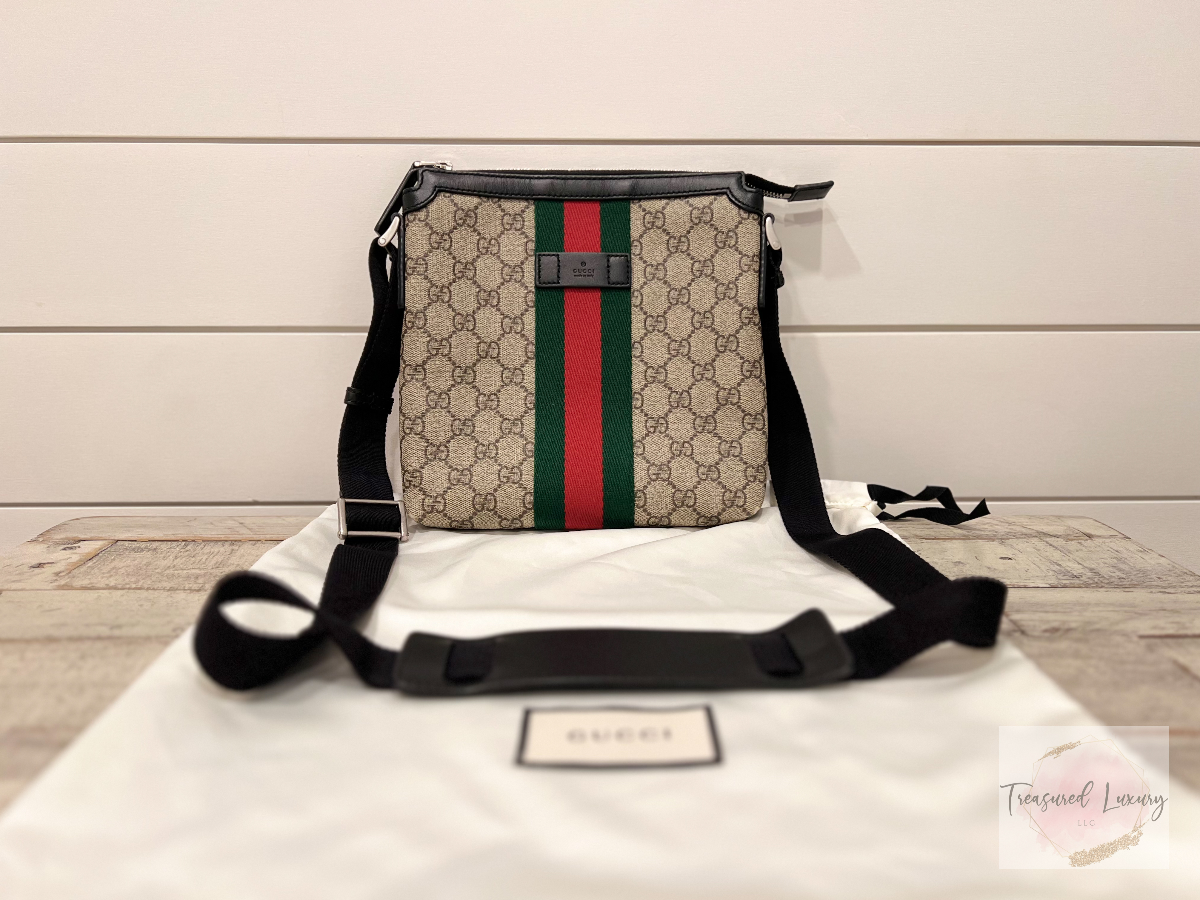 GUCCI GG SUPREME MONOGRAM WEB MESSENGER BAG BLACK