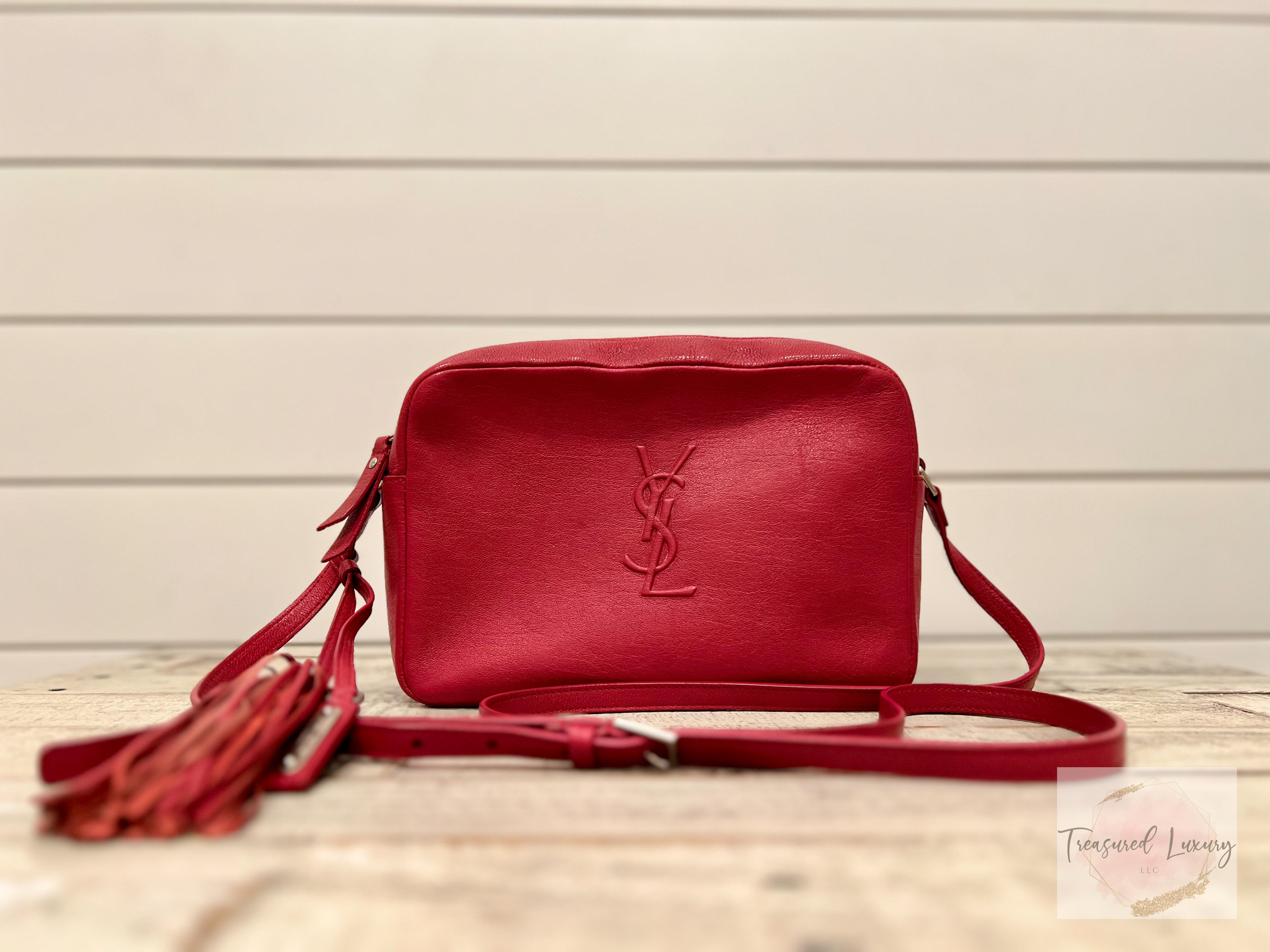 SAINT LAURENT CALFSKIN MONOGRAM SMALL LOU CAMERA BAG RED
