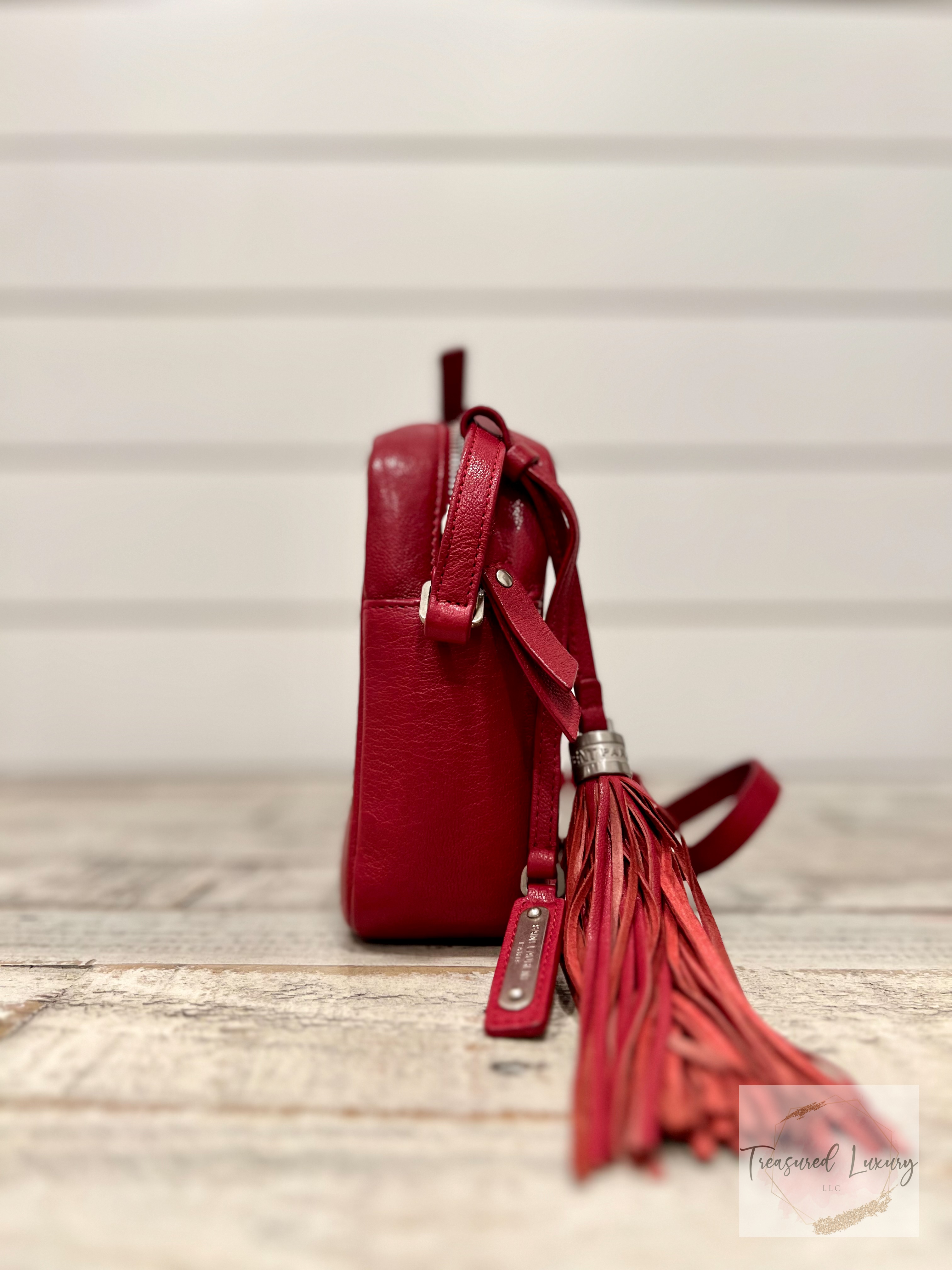 SAINT LAURENT CALFSKIN MONOGRAM SMALL LOU CAMERA BAG RED