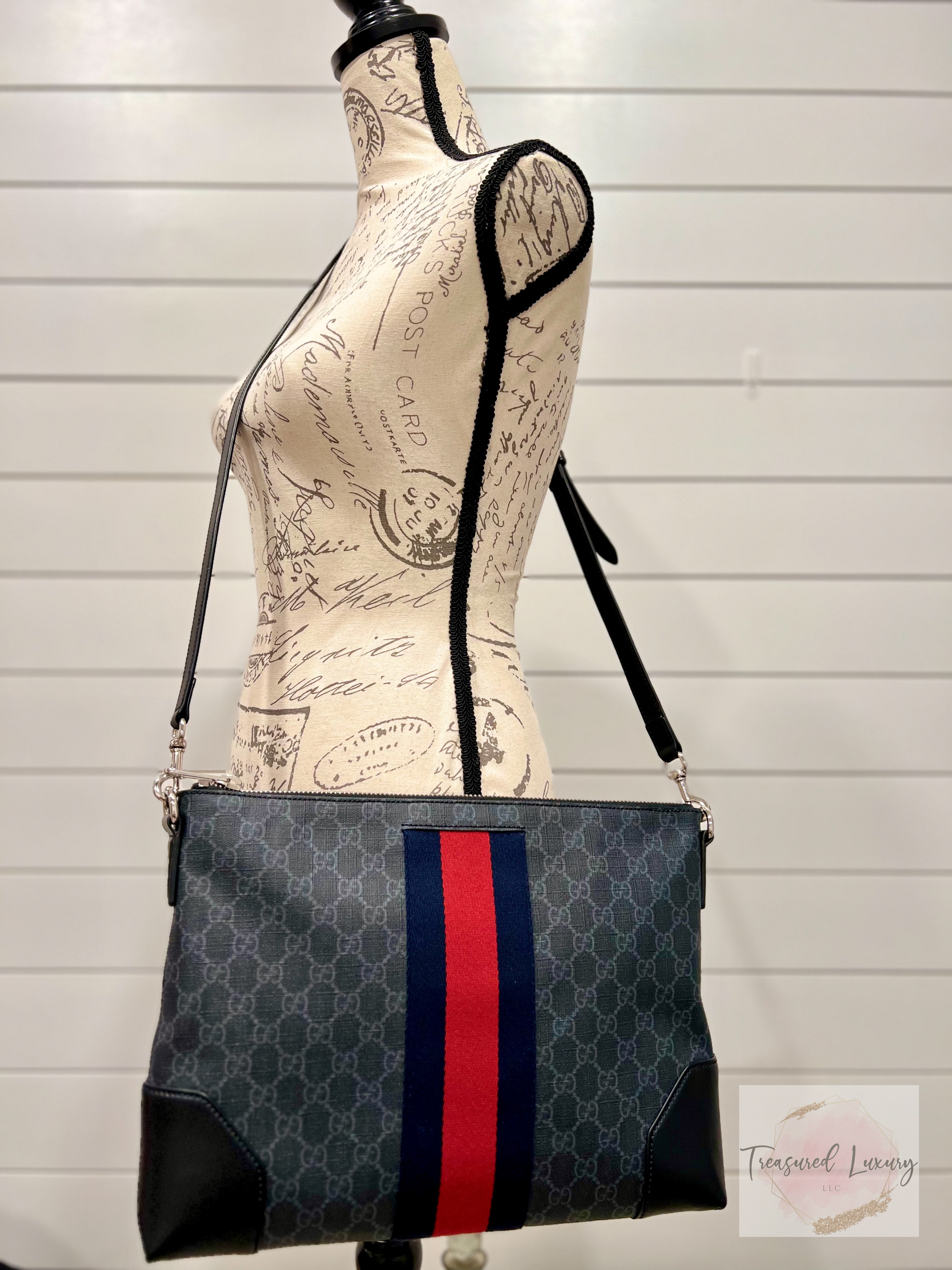 GUCCI SOFT GG SUPEREME MONOGRAM APPIA CALFSKIN WEB EAST WEST MESSENGER BAG BLACK GREY