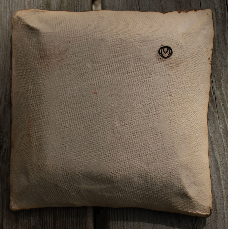 Handbuilt stoneware imprinted soap dish, Get 'Em Clean! pattern. 