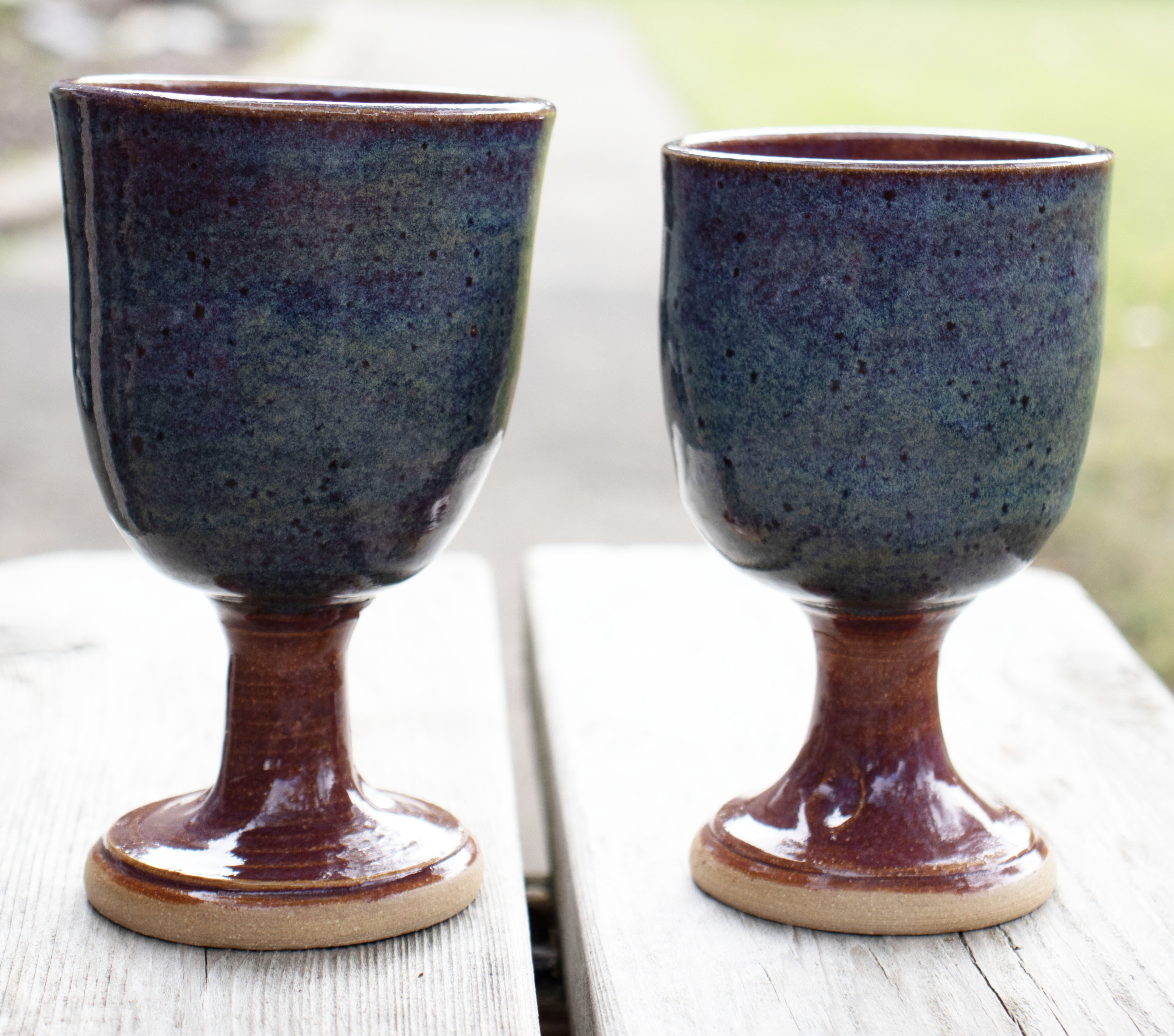 Handmade Stoneware Goblet in Denim Blue and Raspberry Red