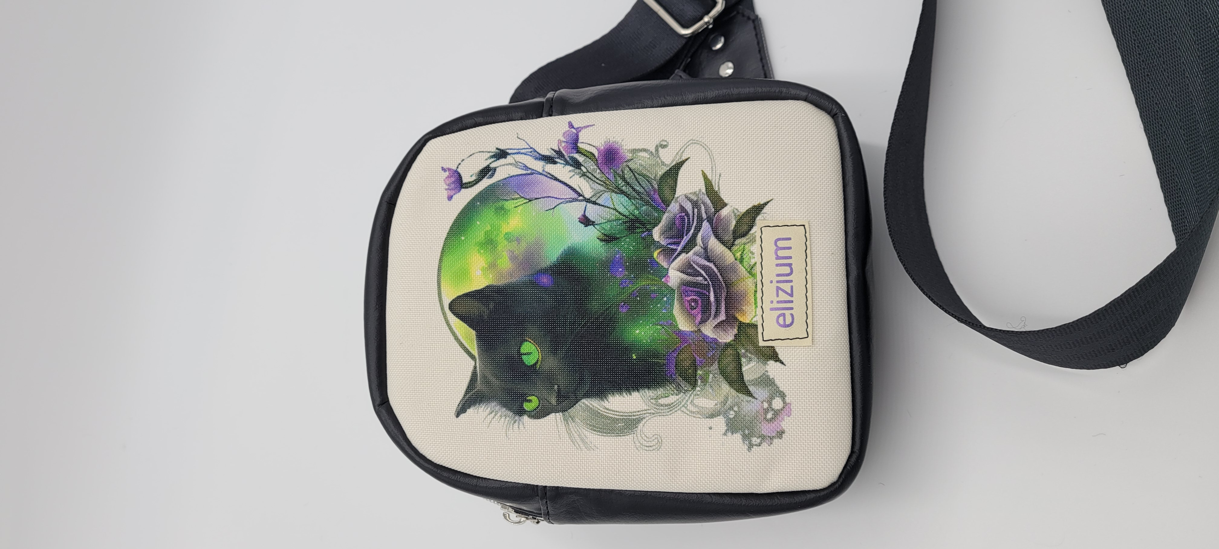 Small Sling Bag, Black cat Design, Celestial