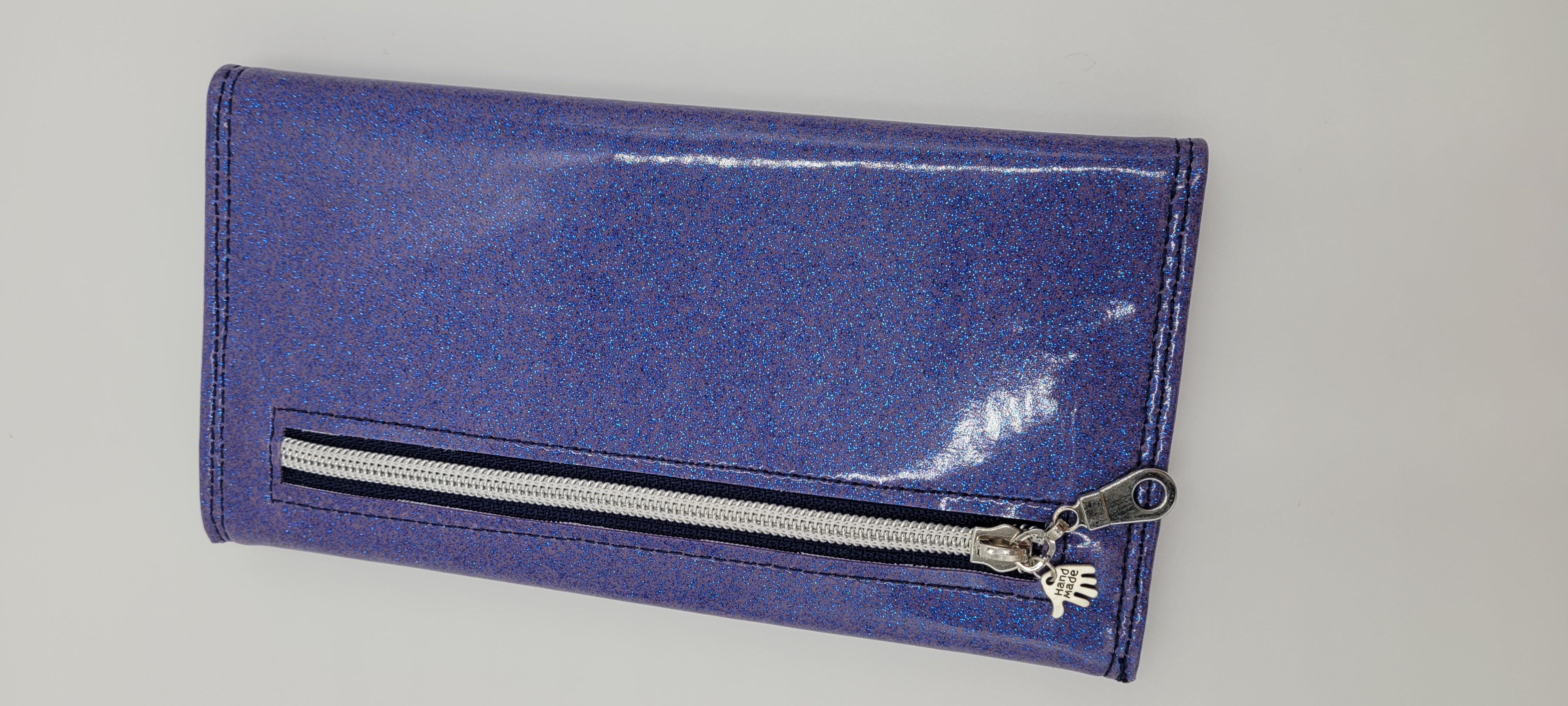Large Women's Wallet, Slim Design, 12 Card Slots, ID Window, Purple Glitter Vinyl