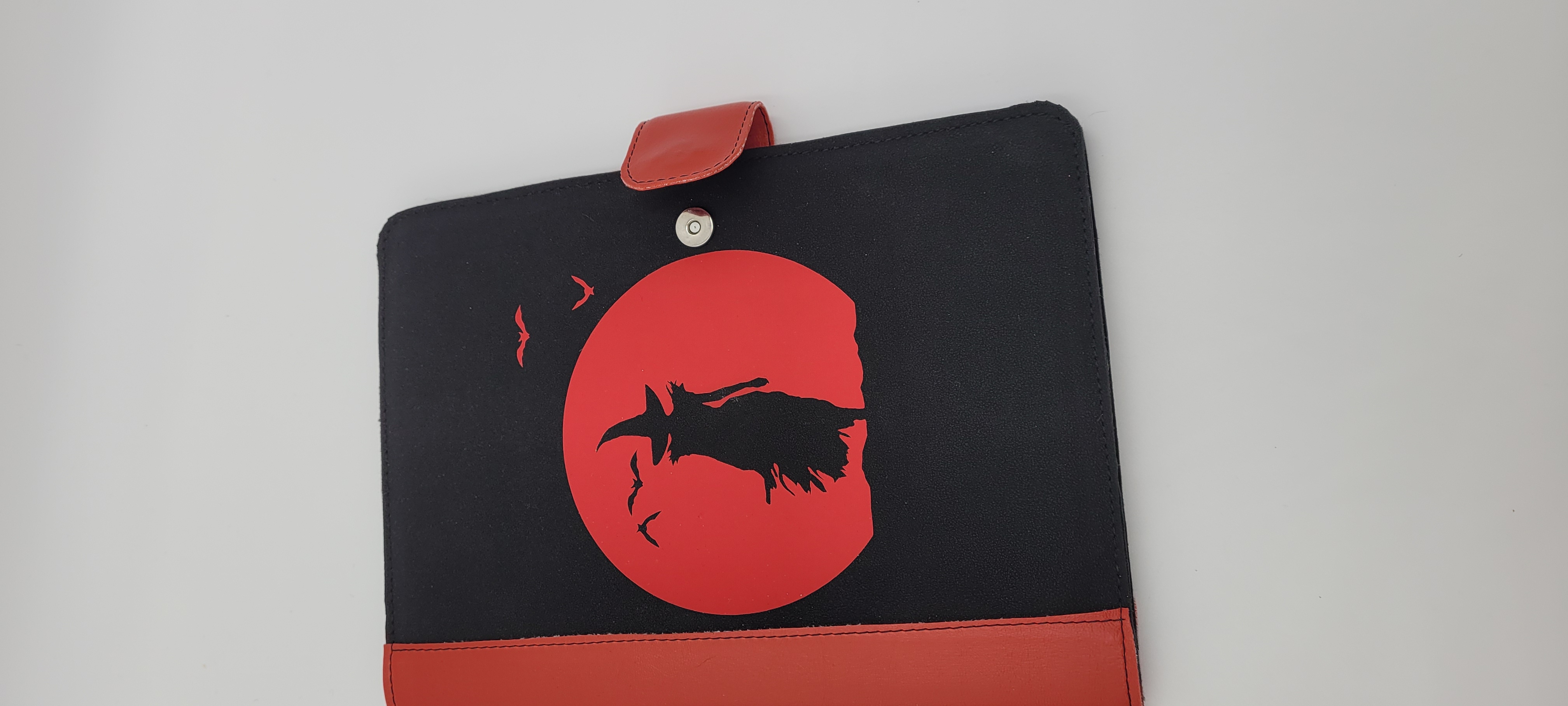 Journal Cover, Notebook Cover, Faux Suede, Black With Red Witch in Moon Design